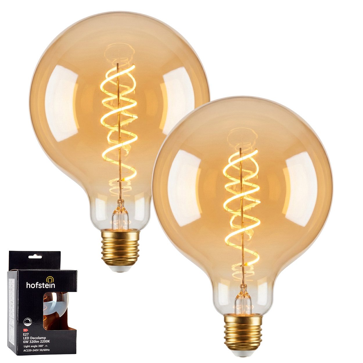 hofstein LED-Leuchtmittel 2er Set Glühbirne Extra Warmweiß dimmbar 6 Watt, E27, 2200 Kelvin, 320 Lumen, Globe Vintage, Filament Spirale, Amber