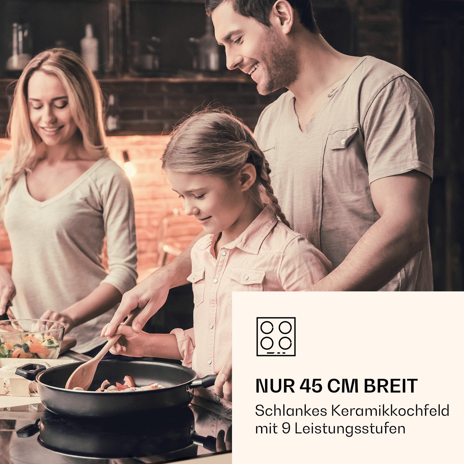 Klarstein Elektro-Kochfeld Virtuosa 3 Slim Kochfeld 45 cm 3 Zonen 5000W Dualzone 9 Stufen Touch, Einbau-Kochfeld autark Glaskeramik mit Booster Restwärme & Timer