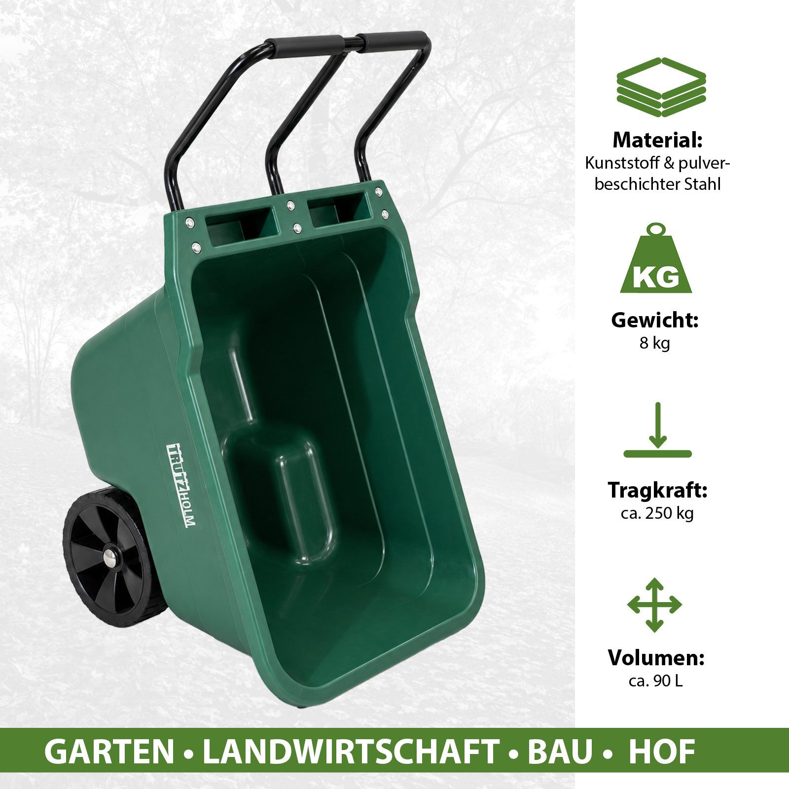 TRUTZHOLM Schubkarre Gartenwagen Schubkarre kippsicher 250 kg 90 L Einhandkarre Laub Garten