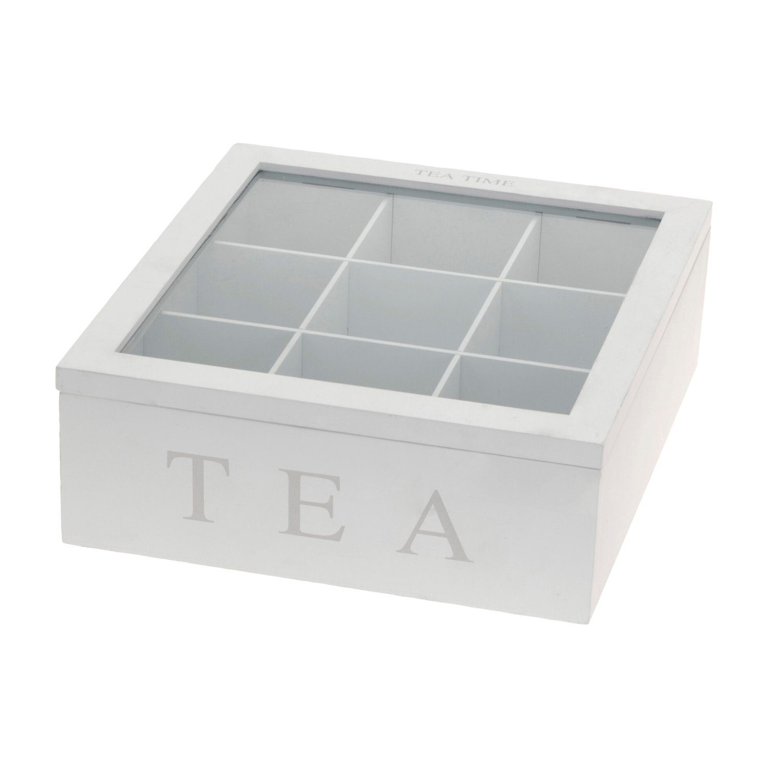 INDA-Exclusiv TEA Nähkästchen Teebox Weiß mit Holz 9-Fächer Deckel Aufschrift