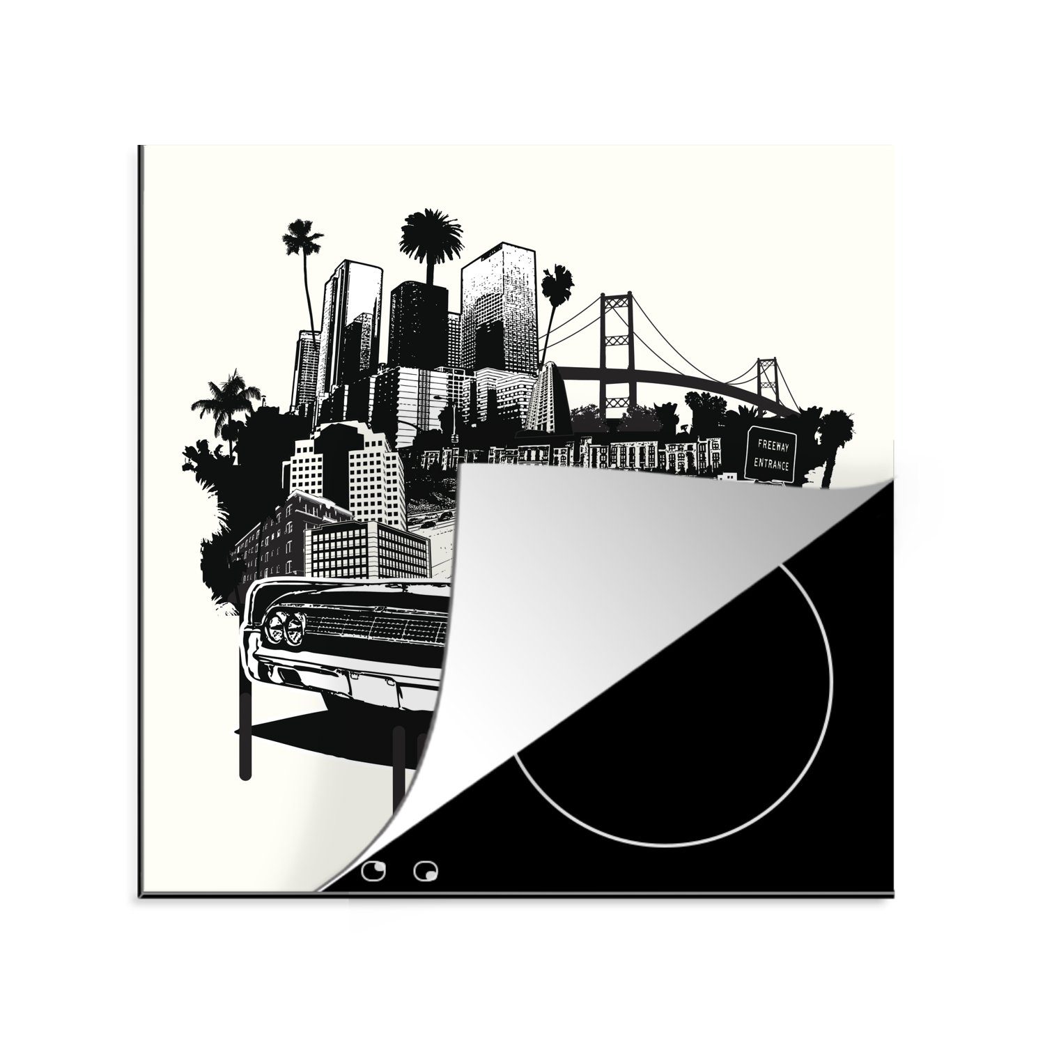 MuchoWow Ceranfeldabdeckung, Herdblende-/Abdeckplatte Vinyl, amerikanischen für vor cm, Arbeitsplatte einer Schwarz-weiß Autos Illustration tlg), (1 eines küche Skyline, 78x78