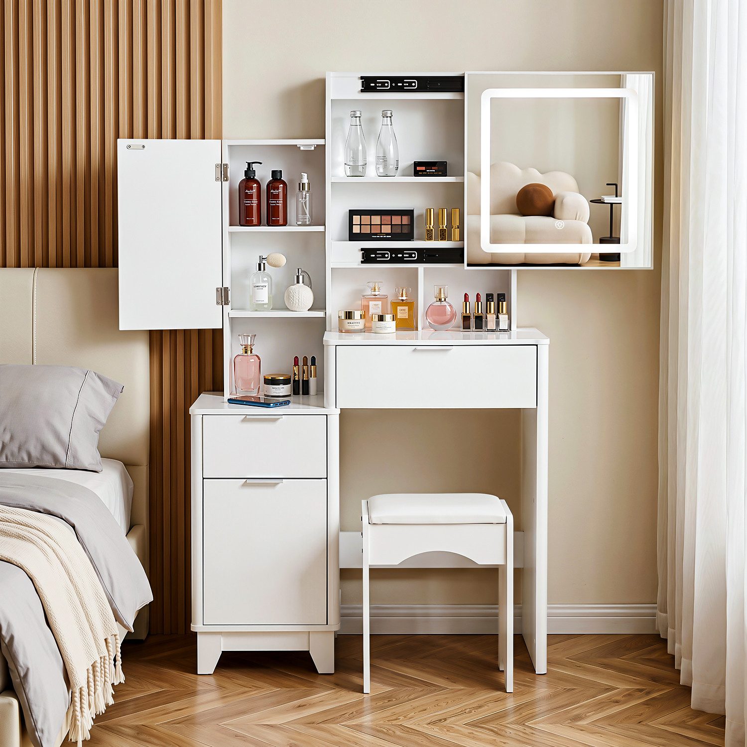 oyajia Schminktisch mit Spiegel und Hocker, 2 Schubladen, 80 x 36x 135cm (Kosmetiktisch mit LED-Beleuchtung und Schiebespiegel), 3 Lichtfarben,1 Seitenschrank, viel Stauraum, pflegeleicht