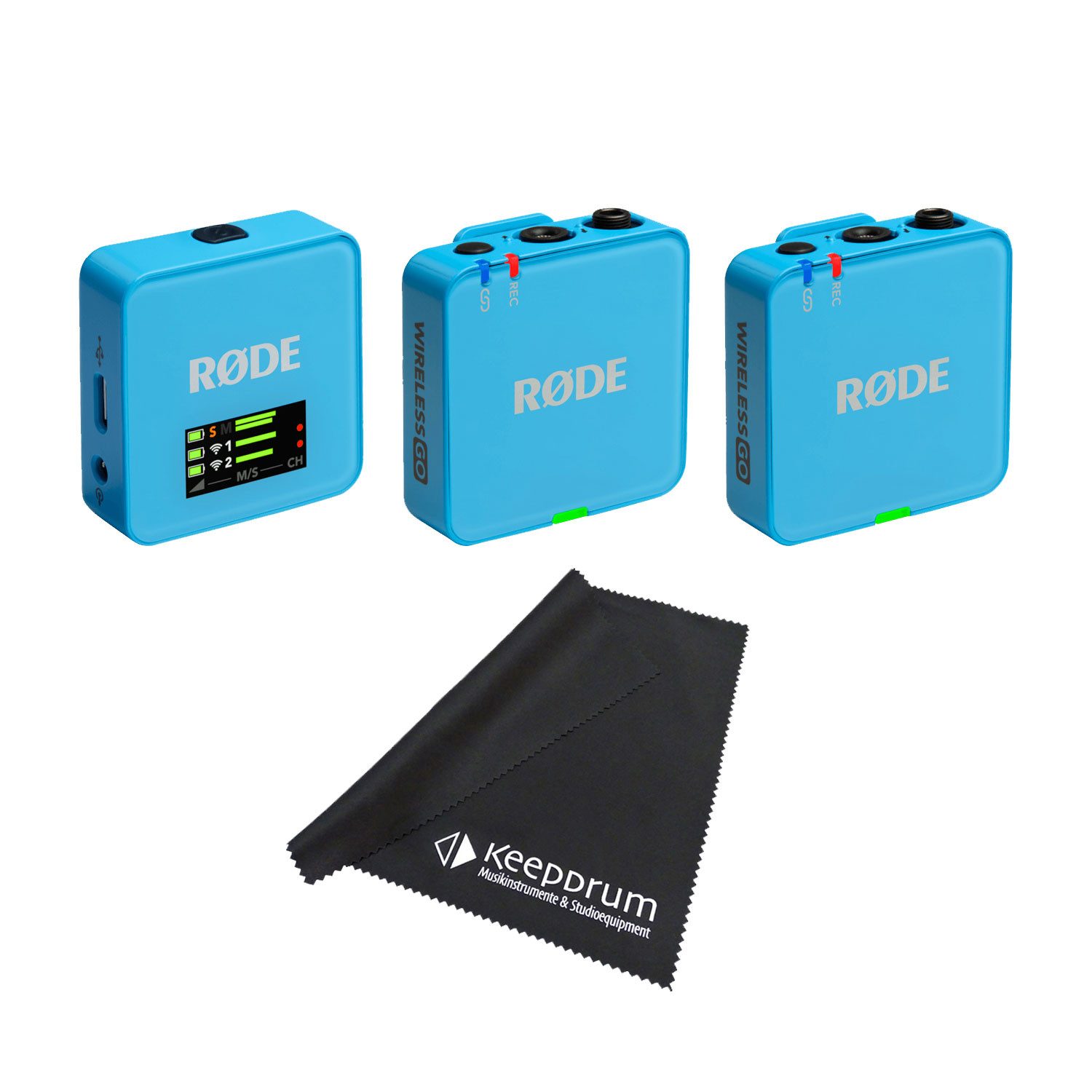 RØDE Rode Mikrofon-Funksystem Wireless GO Gen 3 Blau mit Tuch Digitales Aufnahmegerät (Vorteils-Set mit Mikrofasertuch)