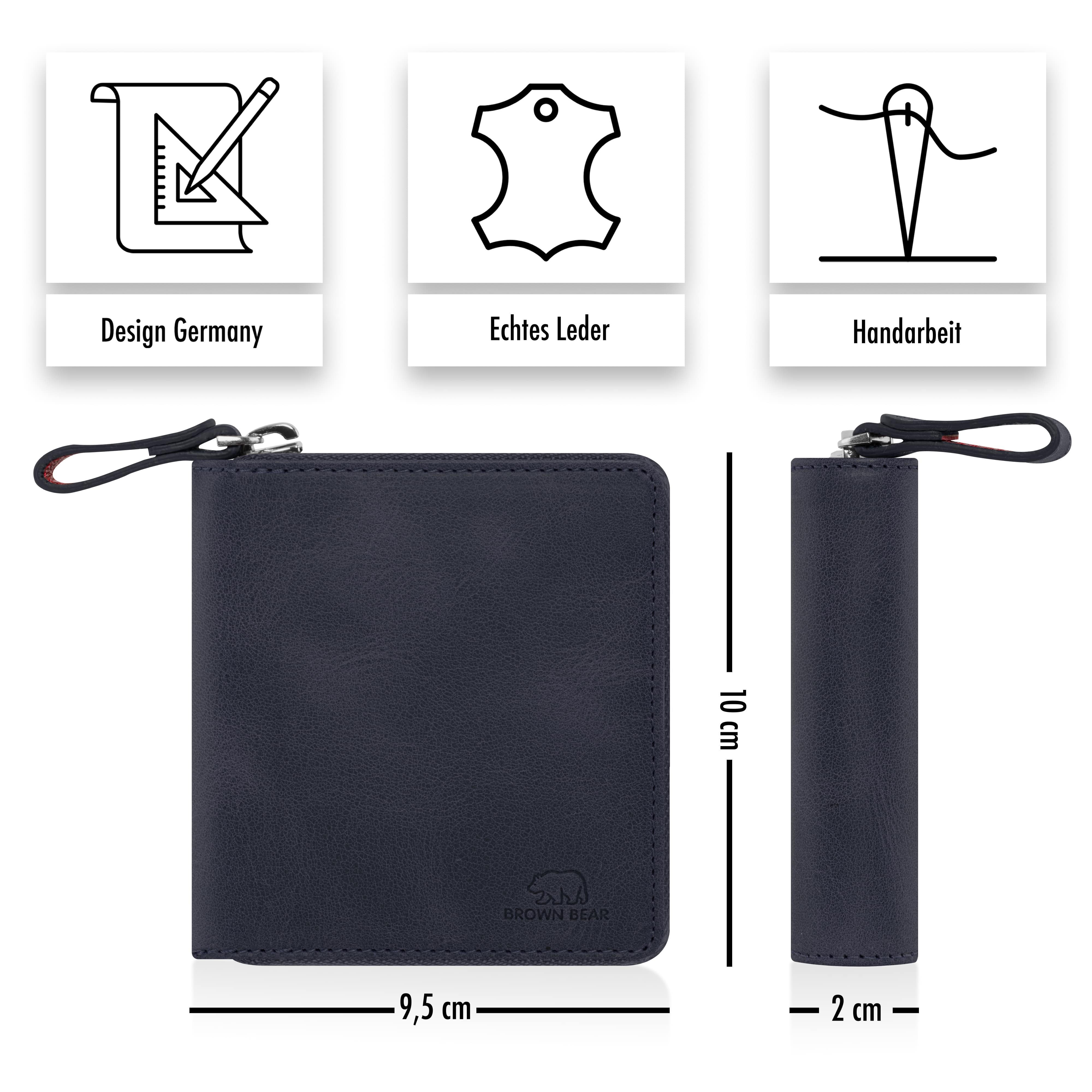 Brown Bear Geldbörse BB Max Echtleder Carré mit Reißverschluss, RFID, 7 Kartenfächer, Farbe Blau-Vintage