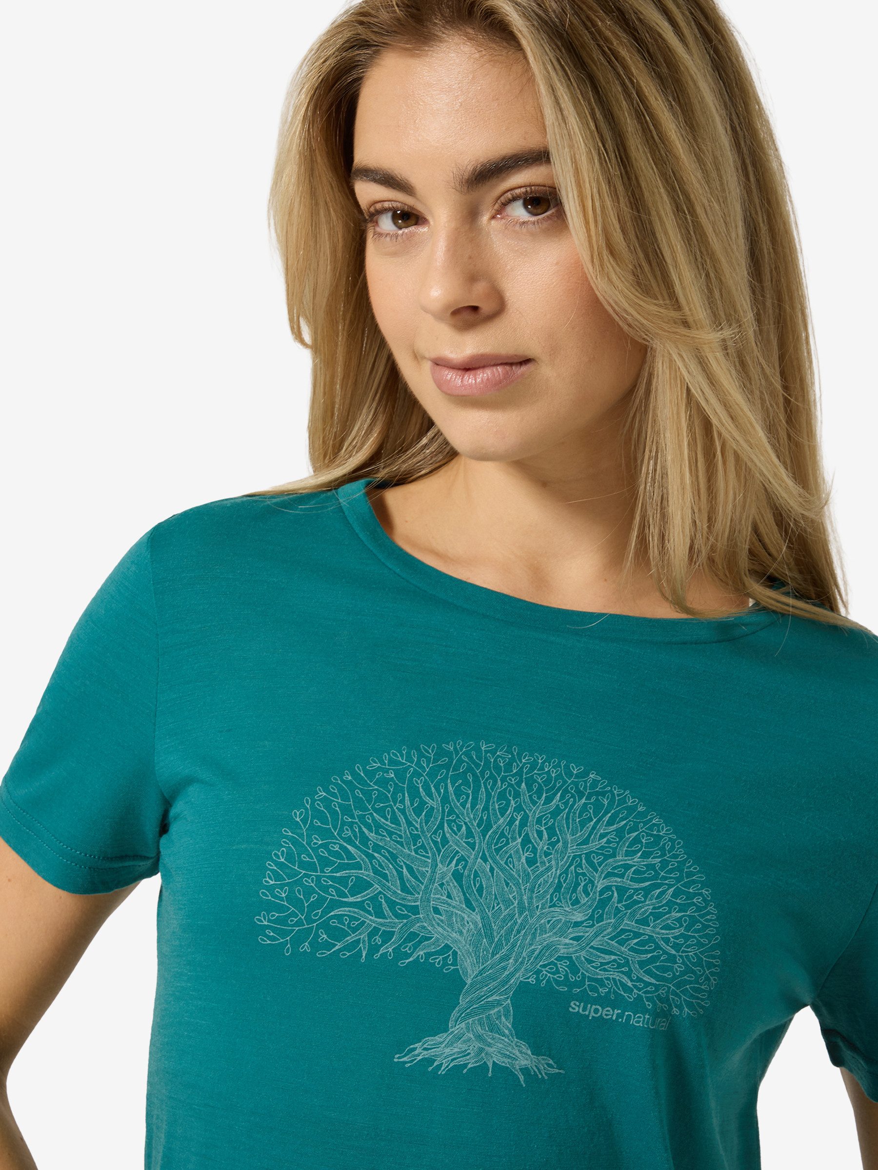SUPER.NATURAL Print-Shirt Merino T-Shirt W TREE OF KNOWLEDGE TEE geruchshemmender Merino-Materialmix