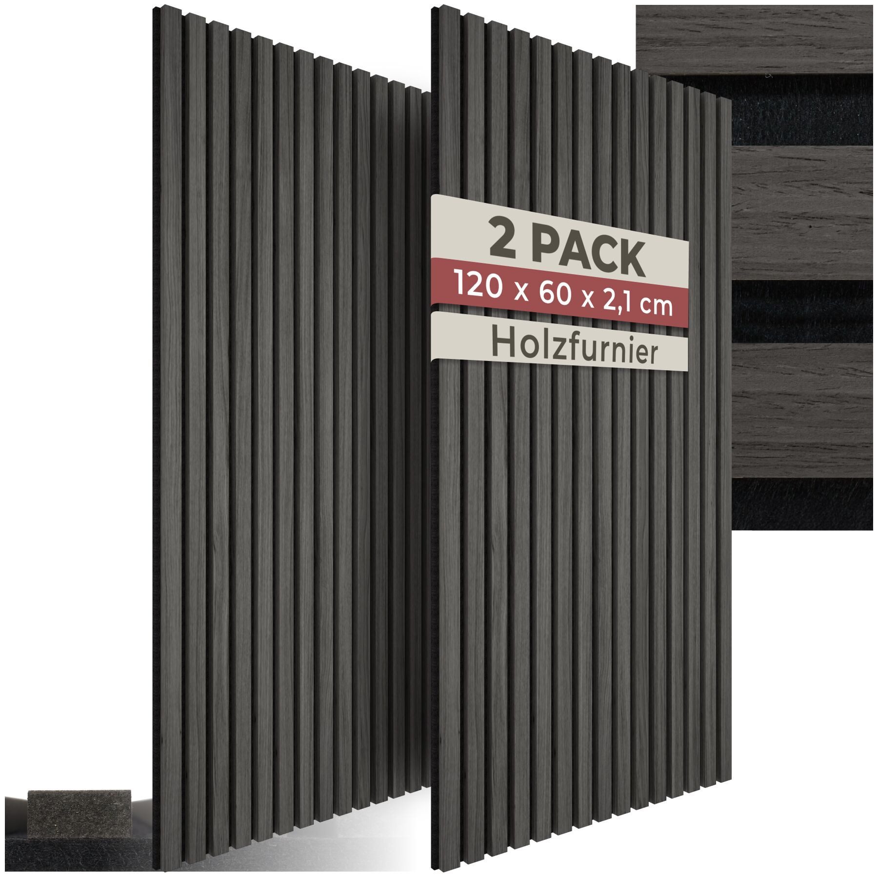 tectake Wandpaneel Akustikpaneele aus MDF und Echtholzfurnier - Eiche schwarz, BxL: 60x120 cm, (Holzpaneele Sonic Wall, 2-tlg., Größe flexibel anpassbar) schallabsorbierender Filz, einfache Montage mit Kleber oder Schrauben