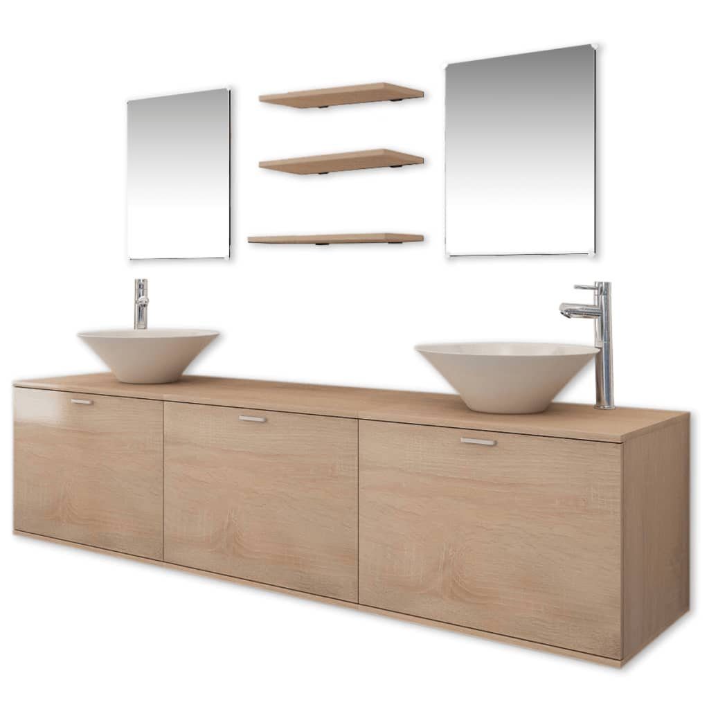 10-tlg Badezimmer-Set Beige Waschbecken Badmöbel-Set mit vidaXL DOTMALL Wasserhahn und