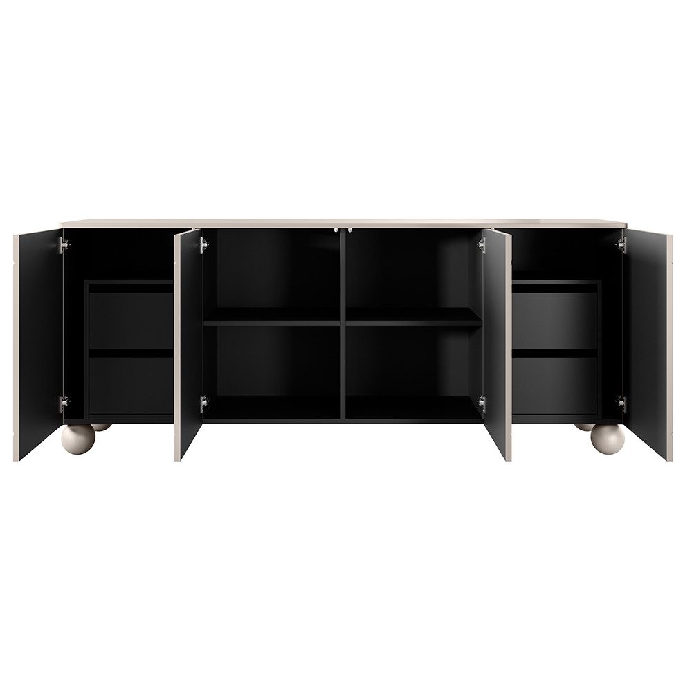 Lomadox Sideboard SPLIT-141, kaschmir beige matt 200 cm Kugelfüße grifflos Softclose Push-to-open