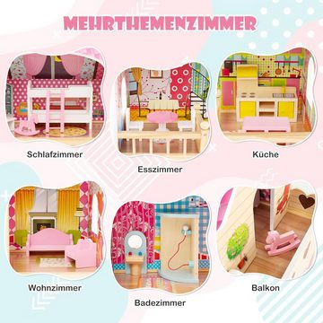 KOMFOTTEU Puppenhaus, multifunktionales Dollhaus mit 6 Zimmer & komplettem Spielzubehör