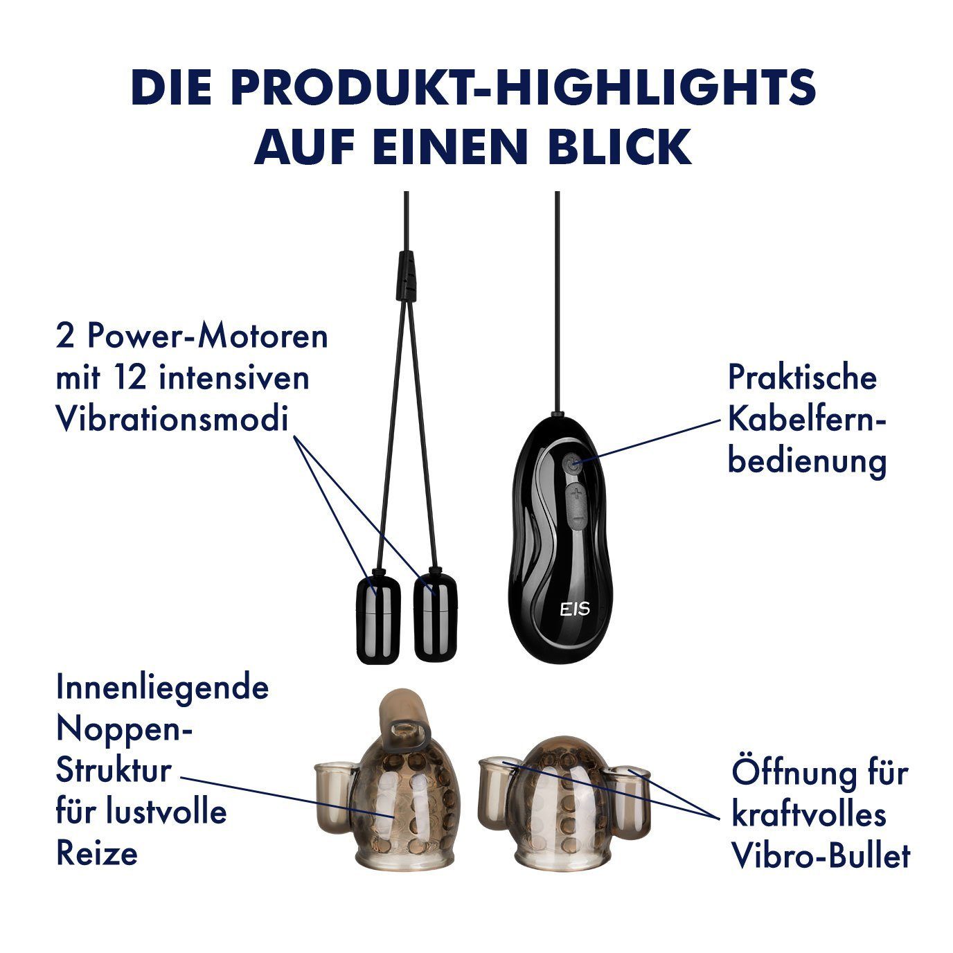 Programme mit 12 Motoren; Kabelfernbedienung; Penishülle Eichel-Masturbator 2 EIS unterschiedliche Vibrobullets, inkl. Vibrationsprogramme, 12