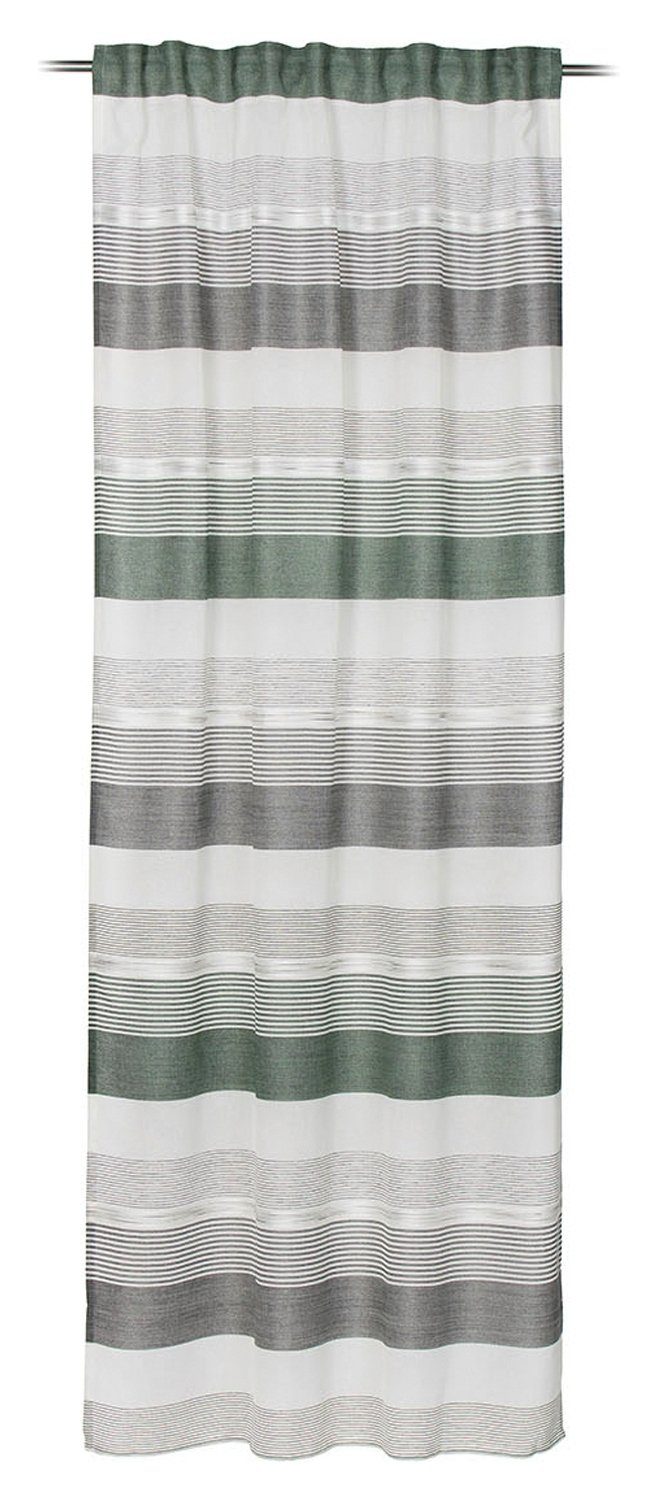 Vorhang PACINO, Verd. Schlaufen, Grün, L 245 x B 140 cm, Gözze, verdeckte  Schlaufen, halbtransparent, Schlaufenschal in dunkelgrün, cremeweiß und grau