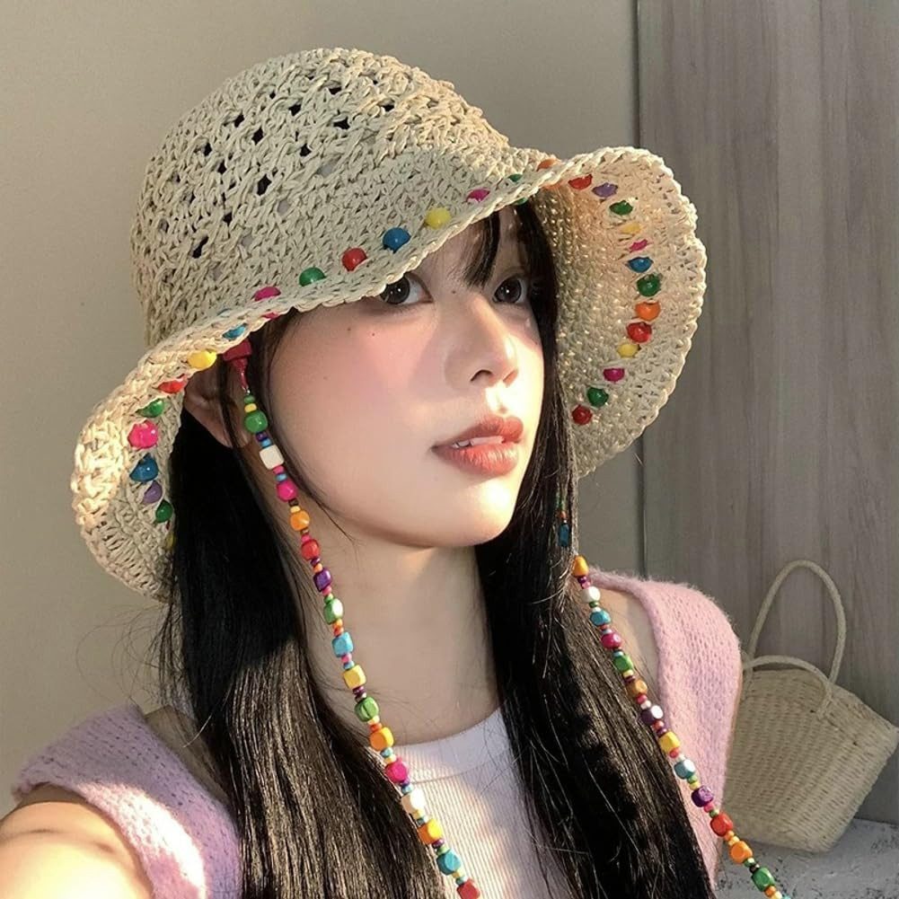 Zaewry Strohhut Sonnenhut Sommerhut Strandhut Straw hat, Damen faltbar, Einheitgröße Verziert mit bunten Holzperlen – Bohemian-Stil, UV-Schutz