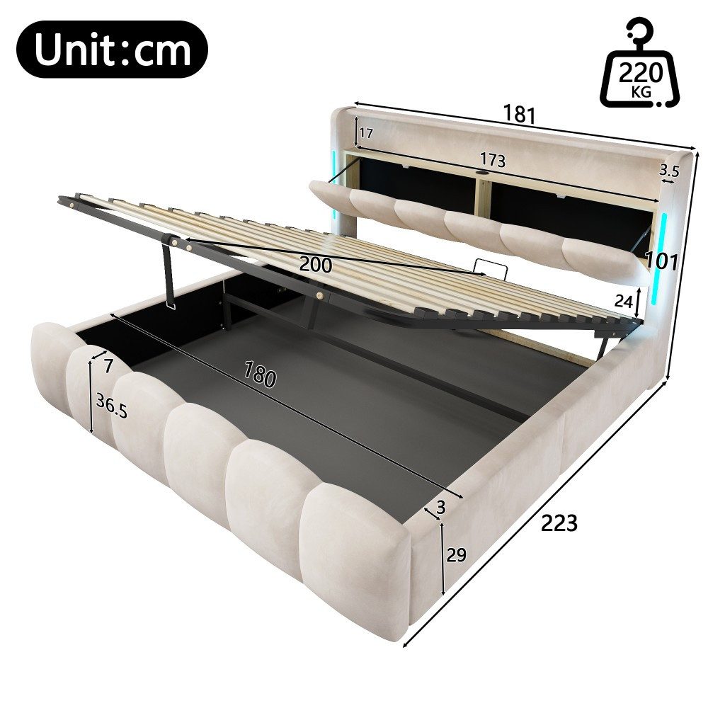 TavilaEcon Polsterbett 180×200cm mit hydraulisches Stauraum und USB- und Typ-C-Anschlüssen (1-tlg), Kopfteil mit Staufach, 180×200cm, Beige – Bild 4 von 5
