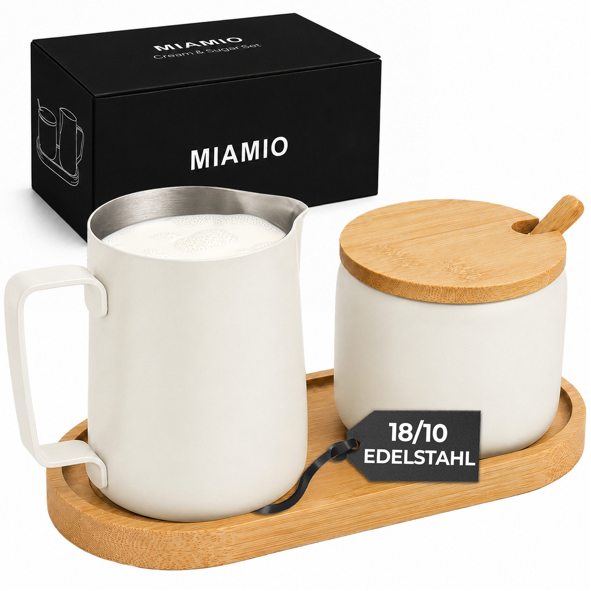 MiaMio Milch- und Zuckerset mit Serviertablett, mattweiß (5-tlg), Edelstahl, Sahnekännchen 330 ml und Zuckerdose 270 ml