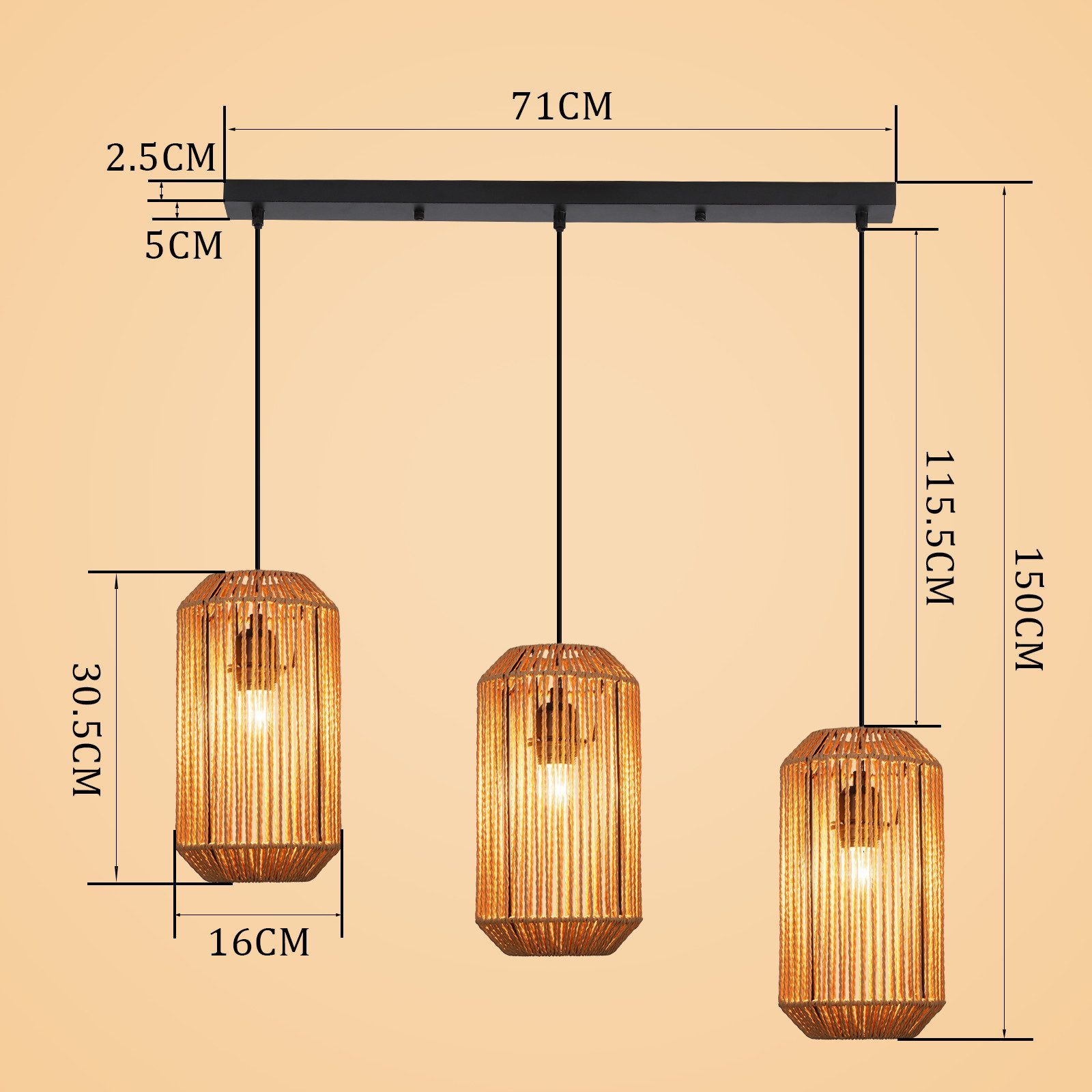 Nettlife Pendelleuchte Rattan Hängeleuchte 3 flammig Boho E27 für Esszimmer Wohnzimmer, Ohne Leuchtmittel, für Esstisch Esszimmer Schlafzimmer Wohnzimmer – Bild 3 von 5
