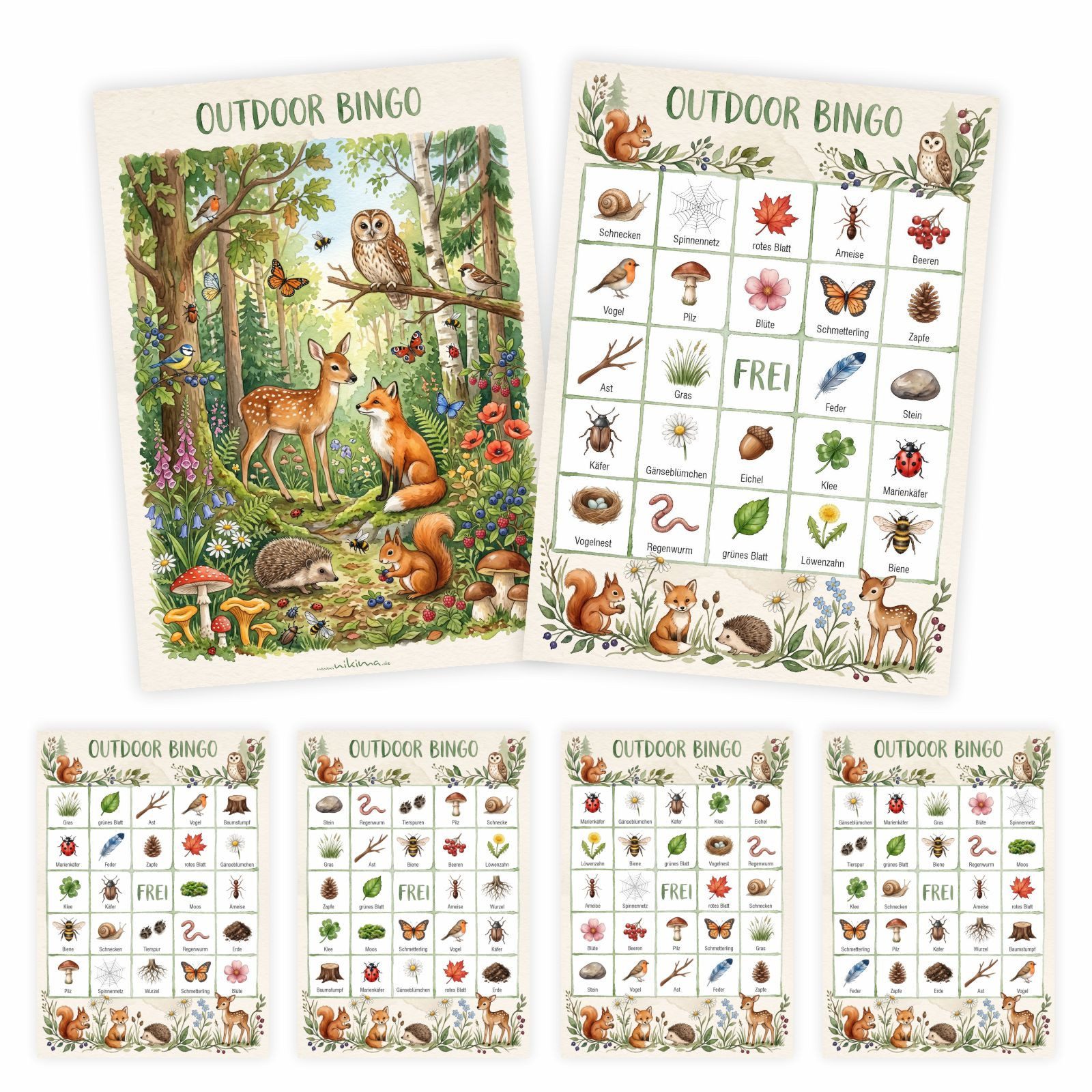 nikima Spiel Outdoor Bingo – 10 Bingokarten für Kinder, Natur Suchspiel