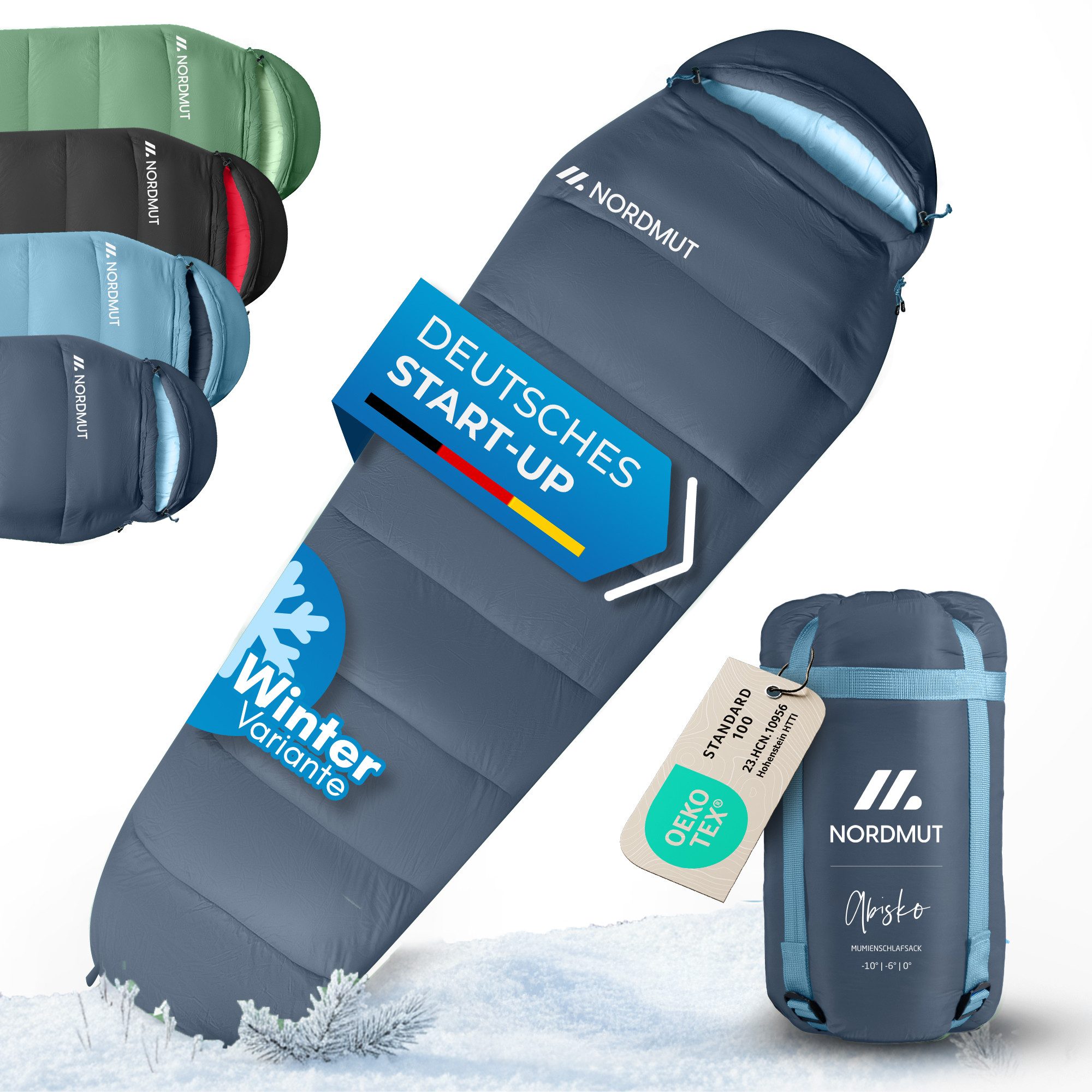 Nordmut Schlafsack Winterschlafsack Erwachsene -10°C atmungsaktiv 2-Wege-Reißverschluss (Outdoor Schlafsack wasserabweisend & atmungsaktiv, Camping Schlafsack mit YKK 2 Wege Reißverschluss), Mumienschlafsack mit Hollow Fiber Füllung bis −10 °C