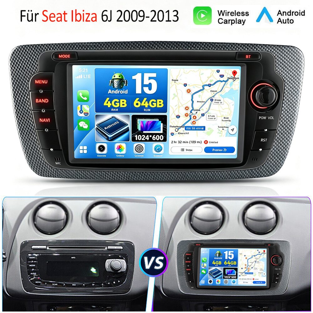 ESSGOO DAB+ 64G Android 15 Für Seat Ibiza IV 6J 2009-13 GPS Navi RDS Carplay Autoradio (RDS, 4+64GB(optional), DAB (optional), FM, AM, DAB+ (optional), Apple Carplay & Android Auto,2+64GB(optional),EQ SWC,DBA)