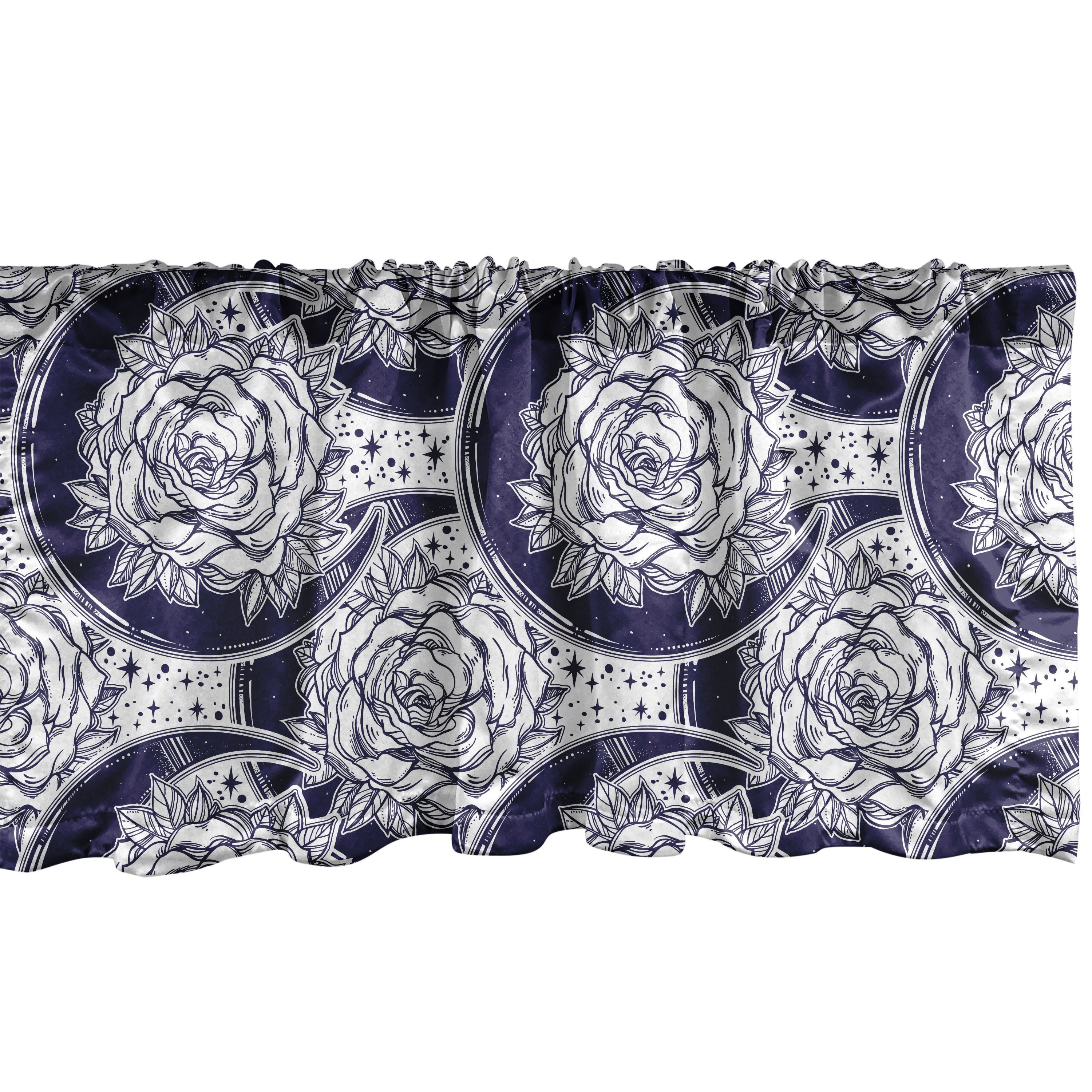Microfaser, Mond Scheibengardine Volant Schlafzimmer Vorhang für Küche Böhmische Stangentasche, Rosen mit Abakuhaus, Dekor und Halbmond