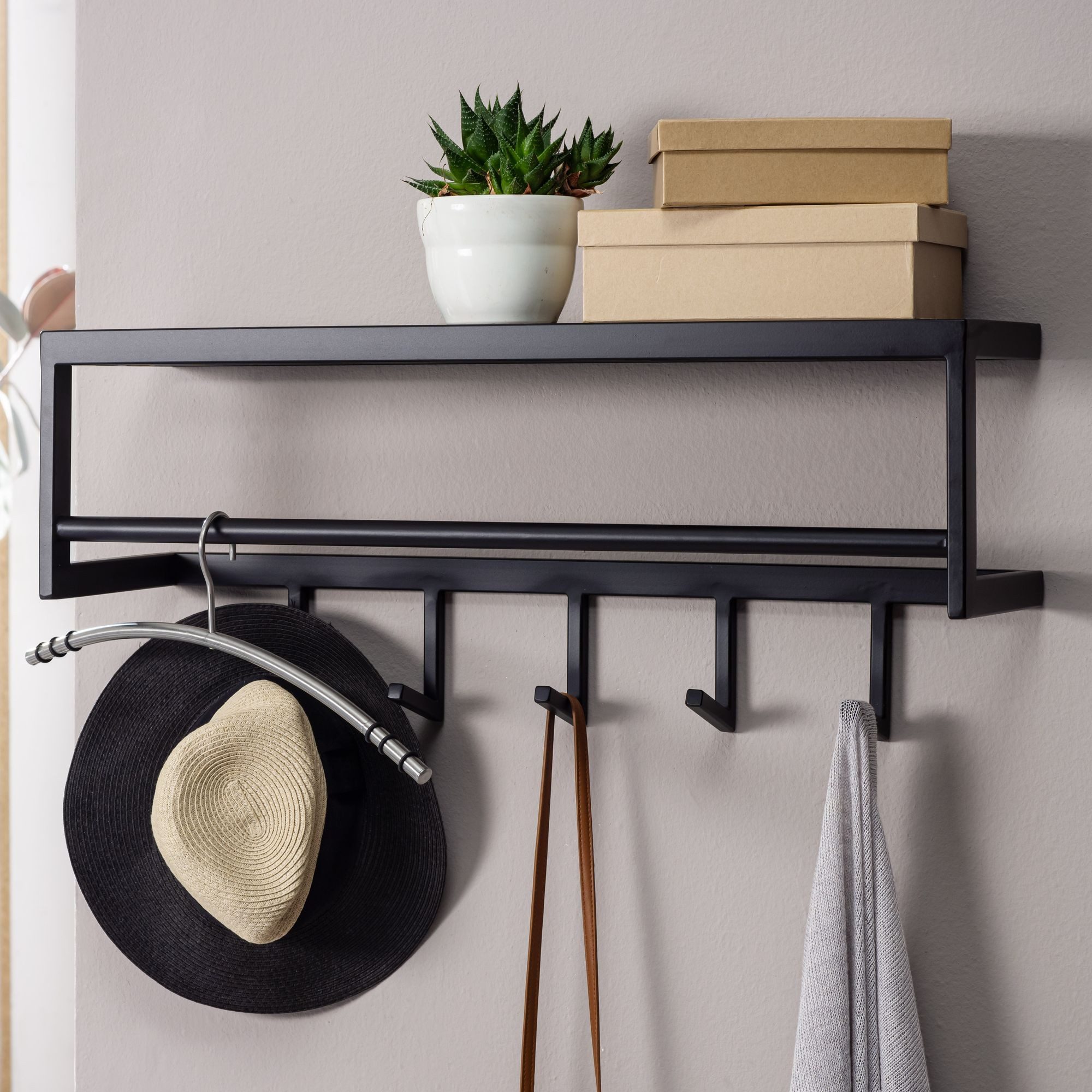 Wohnling Wandgarderobe Metall 70cm Garderobe Schwarz Flur Hakenleiste mit A günstig online kaufen