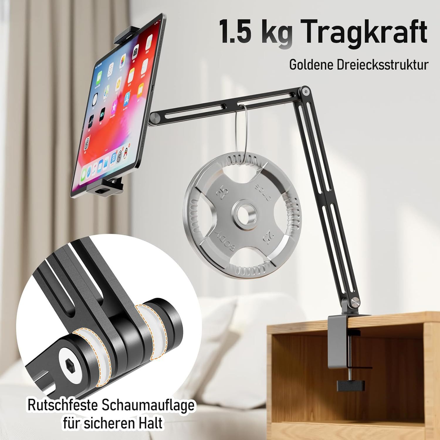 MC Star Halterung Aluminium Tablet Halterung - iPad Halterung für tisch & bett, (verstellbare Armklemme mit 360° drehbarer Basis, tablet ständer Kompatibel für  – Bild 3 von 5