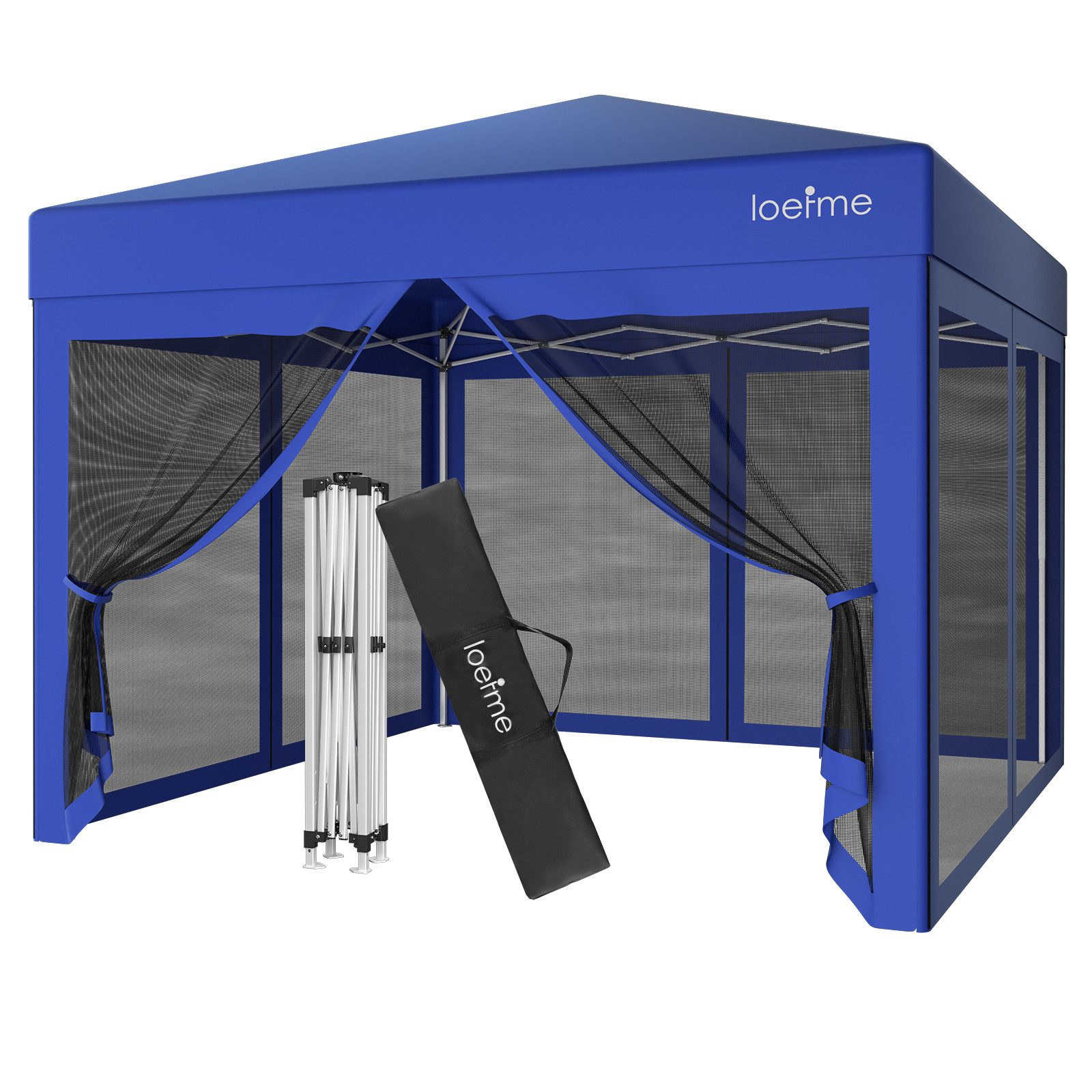 loefme Faltpavillon 3x3m, Pop Up Partyzelt mit 4 abnehmbaren Moskitoseitenwänden, mit 4 Seitenteilen, 3 Höhenverstellungen, wasserdichtes PVC-beschichtetes Gewebe, Blau