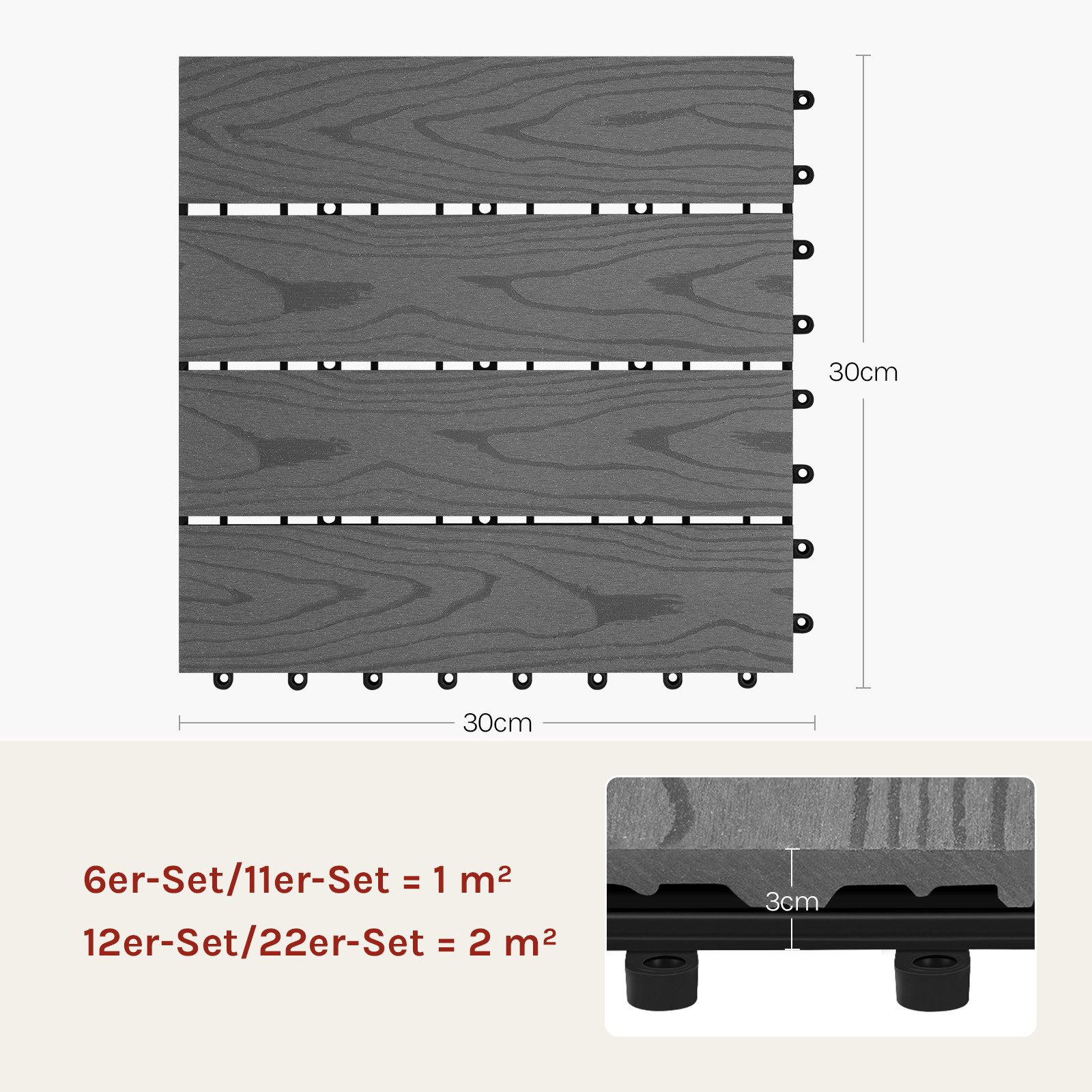 Woltu WPC-Fliesen, 11 St., WPC Terrassenfliesen Holzoptik (11-St./ 1 m)