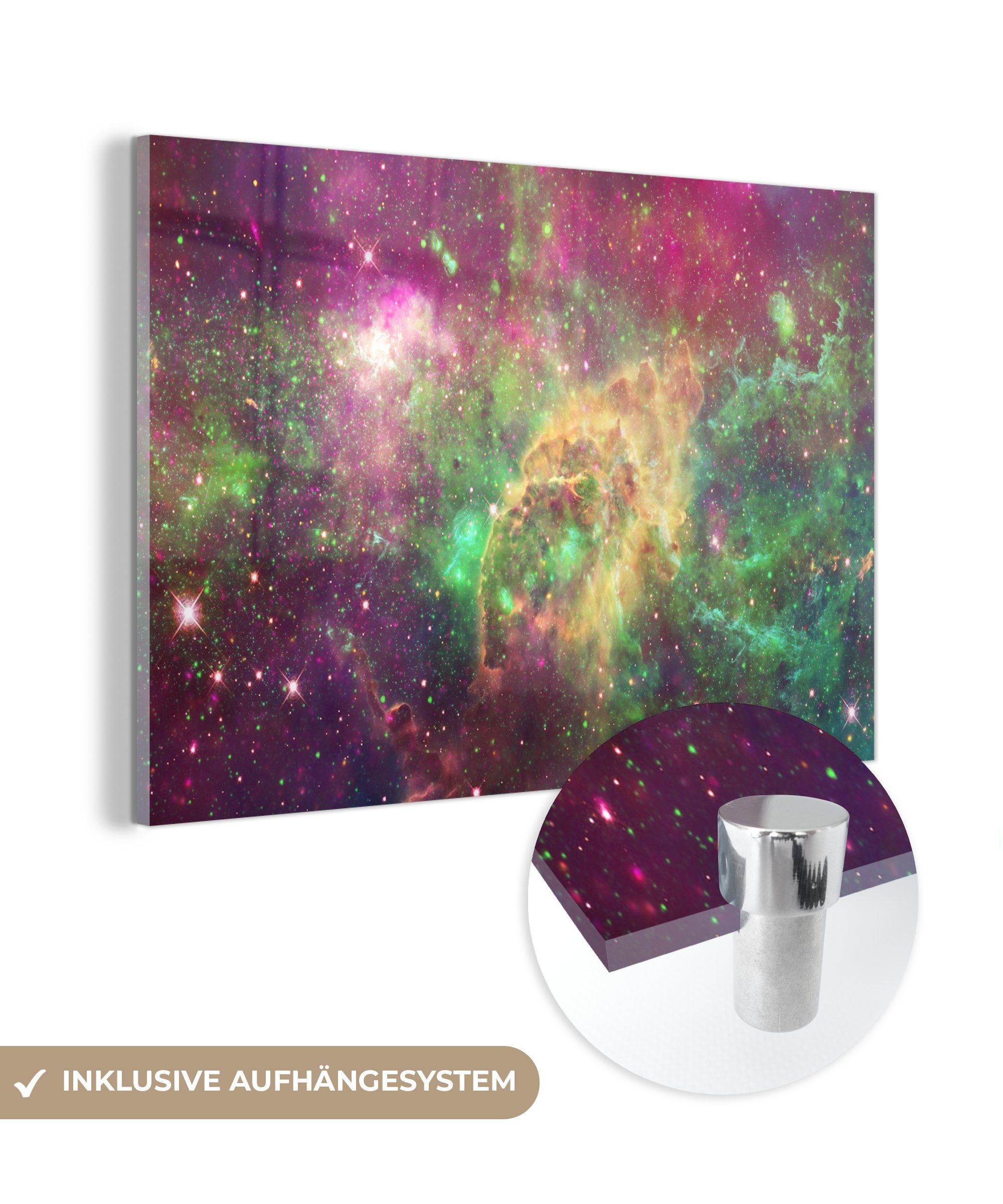 MuchoWow Acrylglasbild Weltraum - Grün - Sterne, (1 St), Glasbilder - Bilder auf Glas Wandbild - Foto auf Glas - Wanddekoration