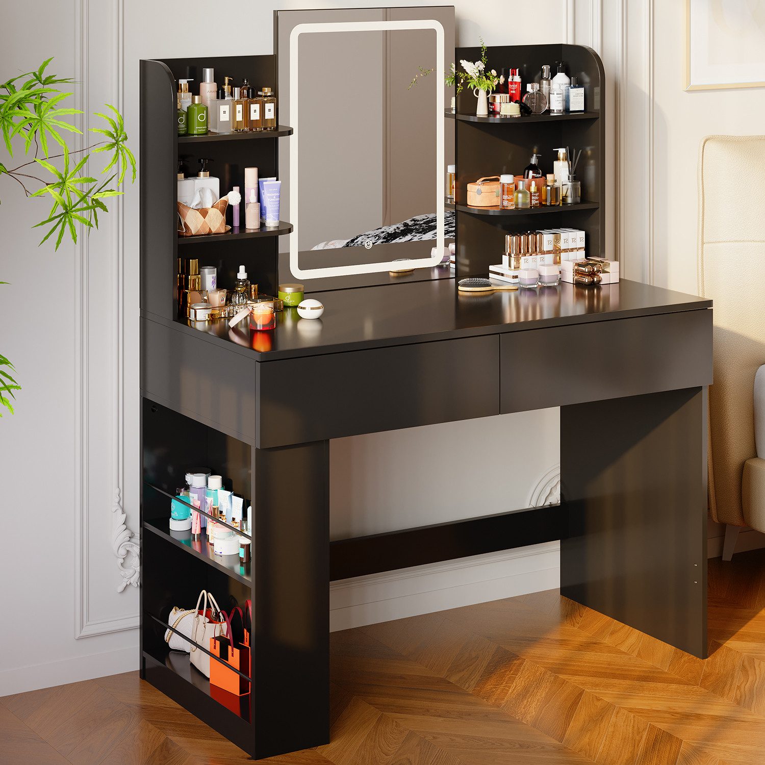 HOMALL Schminktisch mit Spiegel, LED-Beleuchtung, einstellbare Helligkeit, 2 Schubladen (L*B*H) 90*40*135 cm 8 offene Fächer (2 Seitenfächer können von links nach rechts umgestellt werden) 2 große Schubladen)