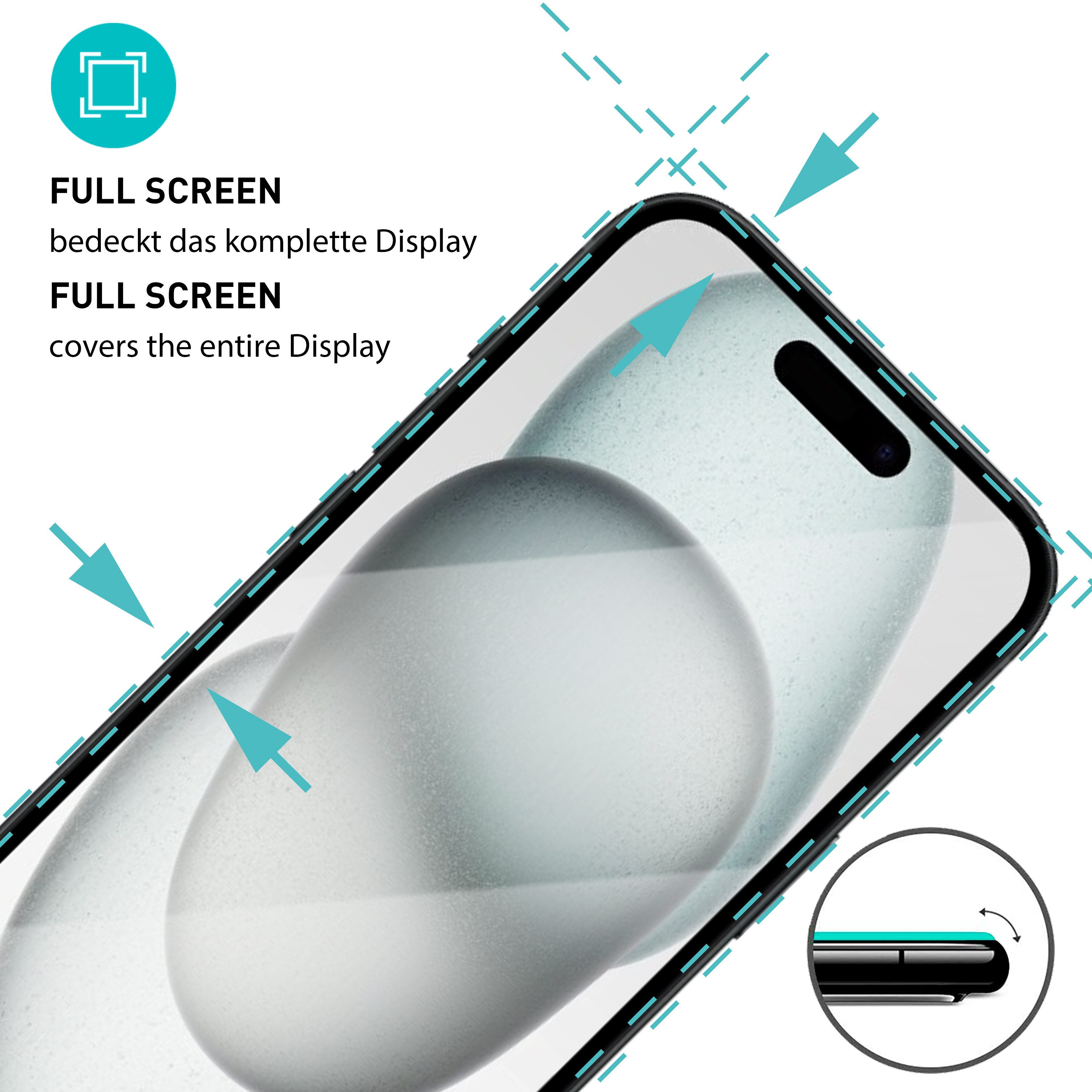 smartect Displayschutzglas Schutzglas Panzerfolie Full Screen 2 + 2 Stück für iPhone 15 für Apple iPhone 15, Set, 2 Stück, Display + Kamera, inkl. Anbringhilfe, Ultra-klar, 9H Härte, Stoßfest