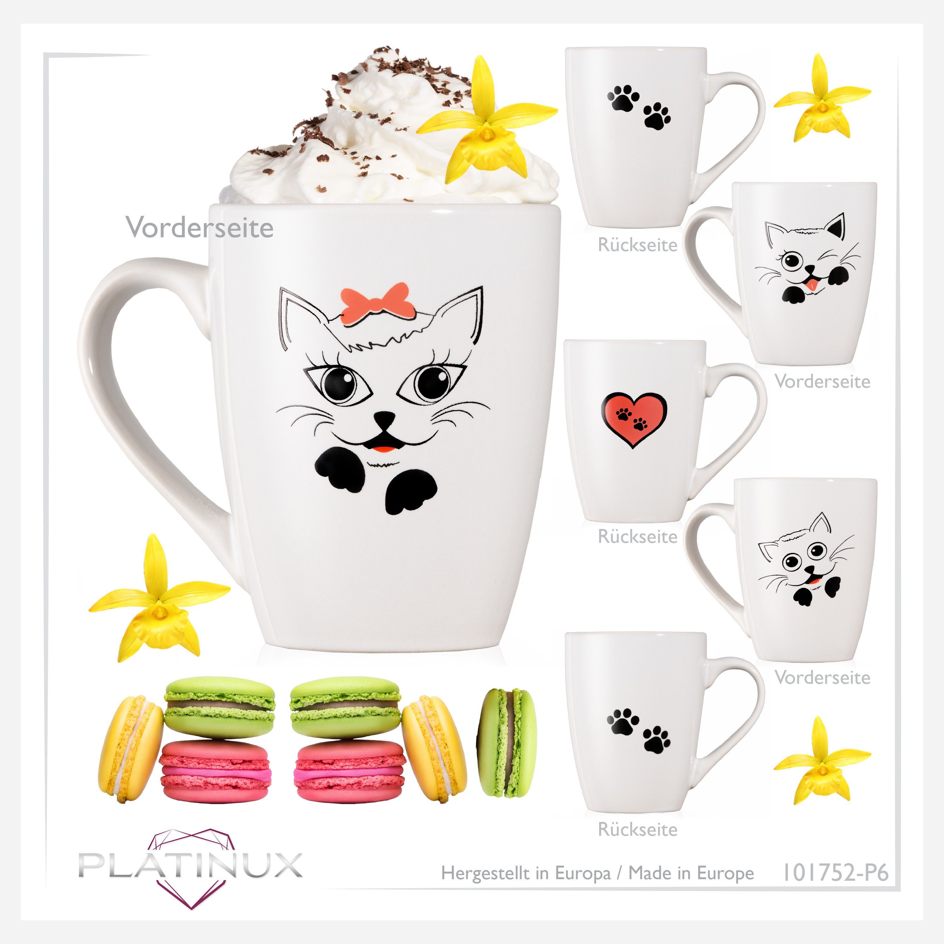 PLATINUX Tasse Katzen Kaffeetassen, Set Teetasse mit Katzen-Motiven Keramik, Tasse Teebecher Kaffeebecher 250ml