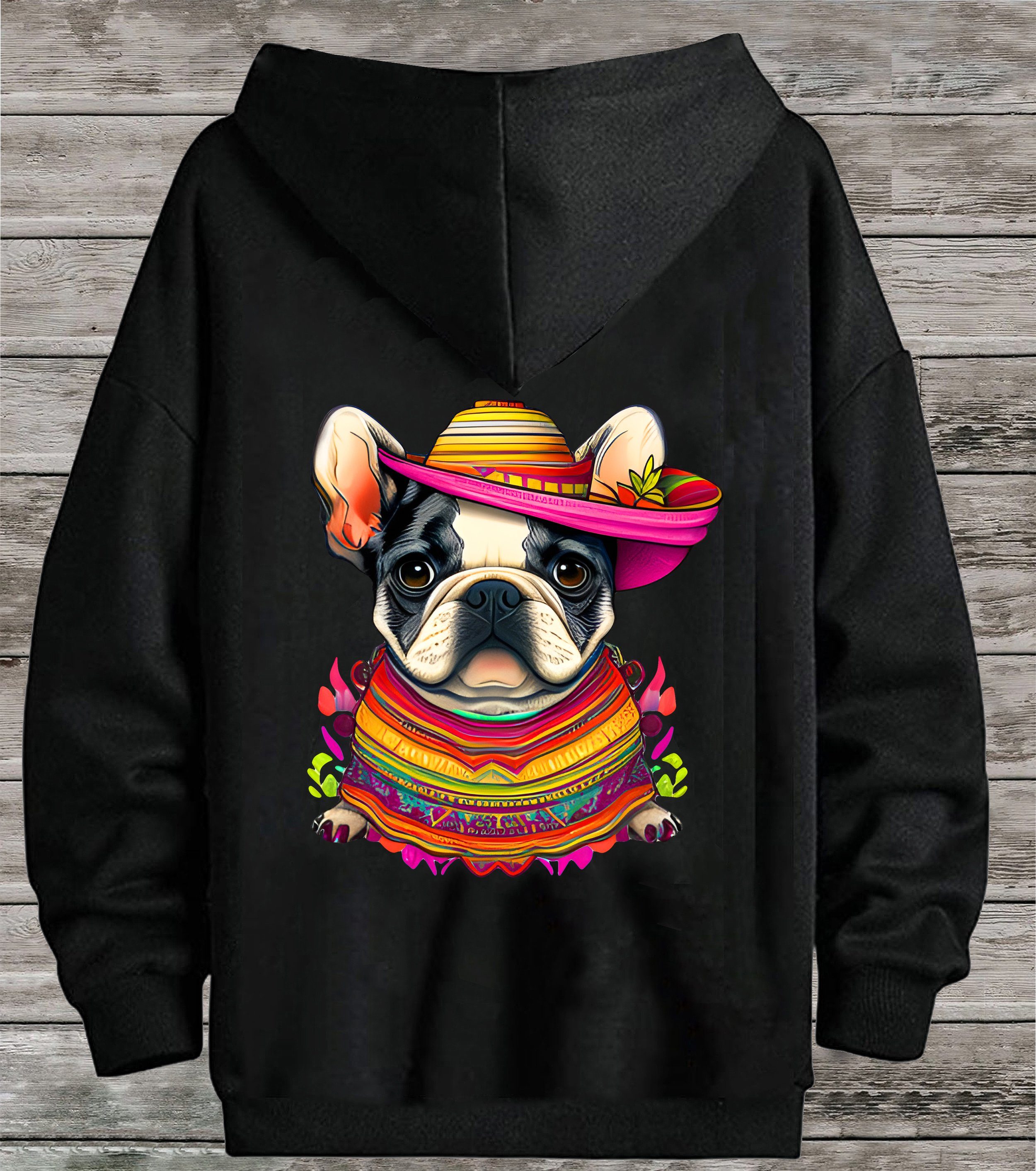 RMK Hoodie Damen Pullover Basic Pulli Kapuzenpullover Seitentaschen Hund Mexico Französische Bulldogge Print