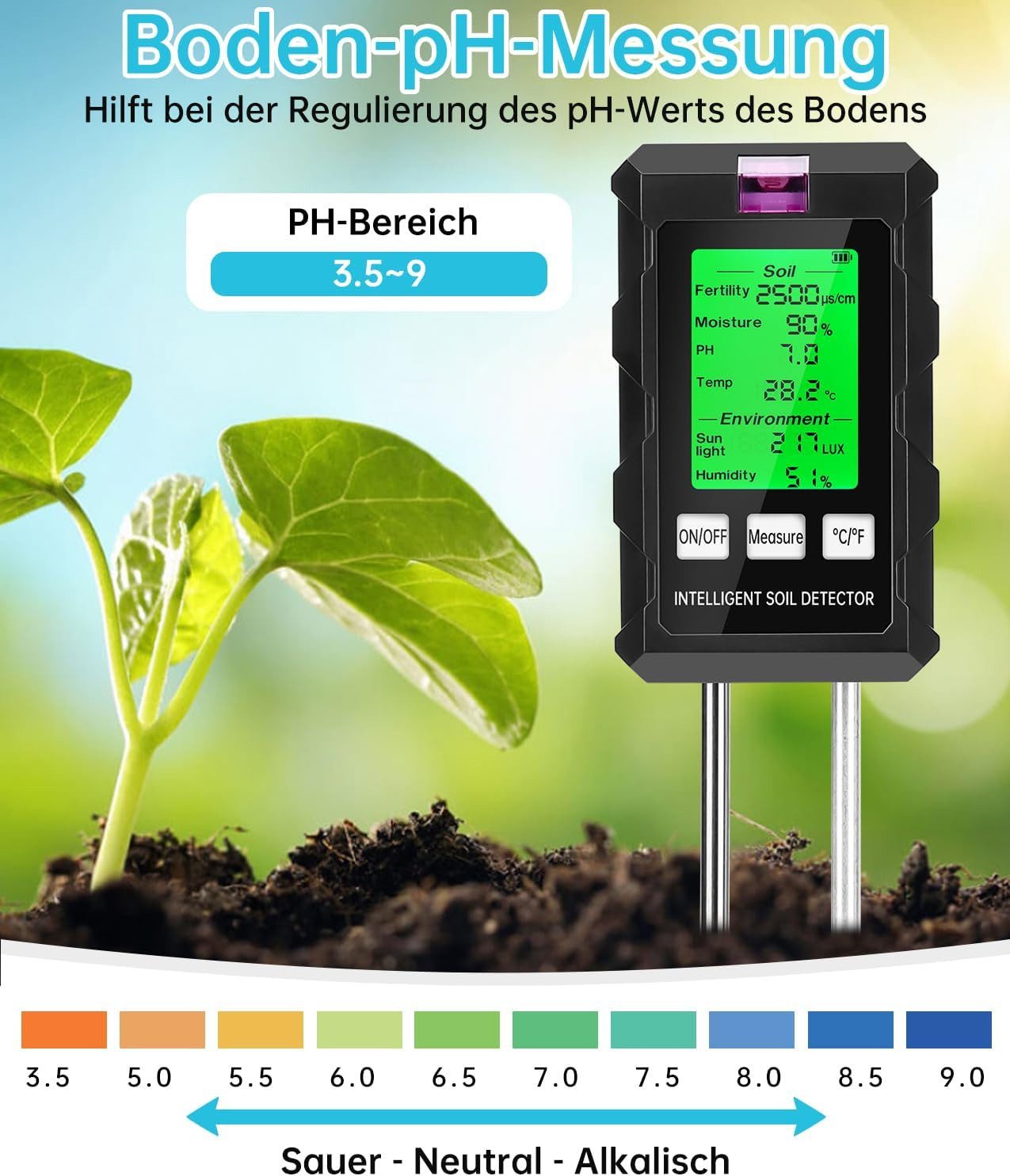 Athlix Feuchtigkeitsmesser 6 in 1 Bodenmessgerät Bodentester Feuchtigkeitsmessgerät Garten, misst pH-Wert, Bodenfeuchtigkeit, Bodentemperatur...