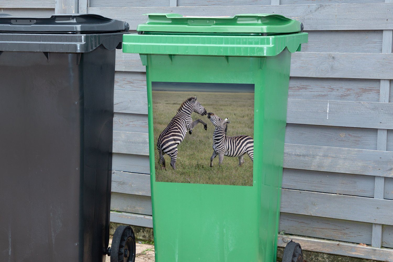 MuchoWow Wandsticker Spielende Container, St), Mülltonne, Sticker, Abfalbehälter Zebras (1 Mülleimer-aufkleber