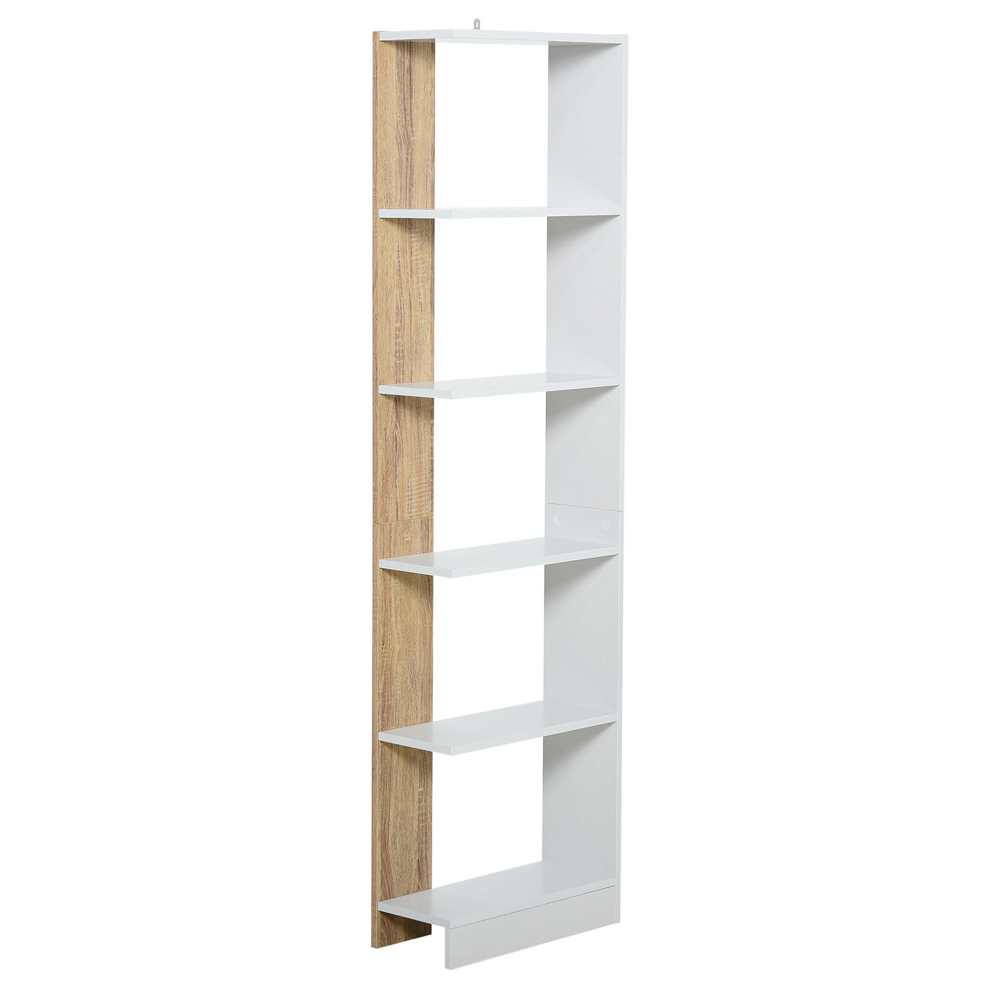 MC Star Bücherregal Schmale 5-stöckige Bücherregal, platzsparendes Aufbewahrungsmöbel, aus Holz, Bücherregal für Bad, Wohnzimmer, Schlafzimmer, Arbeitszimmer und Büro, 45 x 21 x 170 cm, Eiche und Weiß