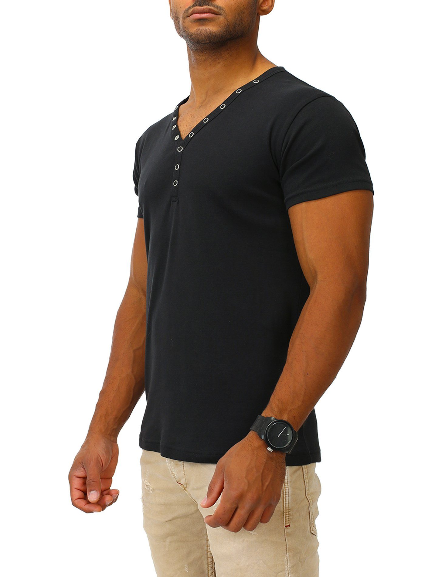 Fit, black Slim Joe Franks T-Shirt in SMALL stylischem Kurzarm BUTTON Druckknopf