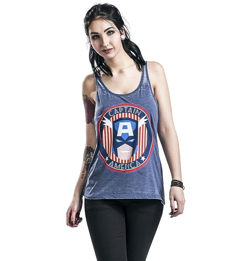 MARVEL Tanktop Captain America Vintage Washed Girl-Top blau, Blau, Skinny Fit Damen und Mädchen T-Shirt ohne Ärmel Gr. S M L XL