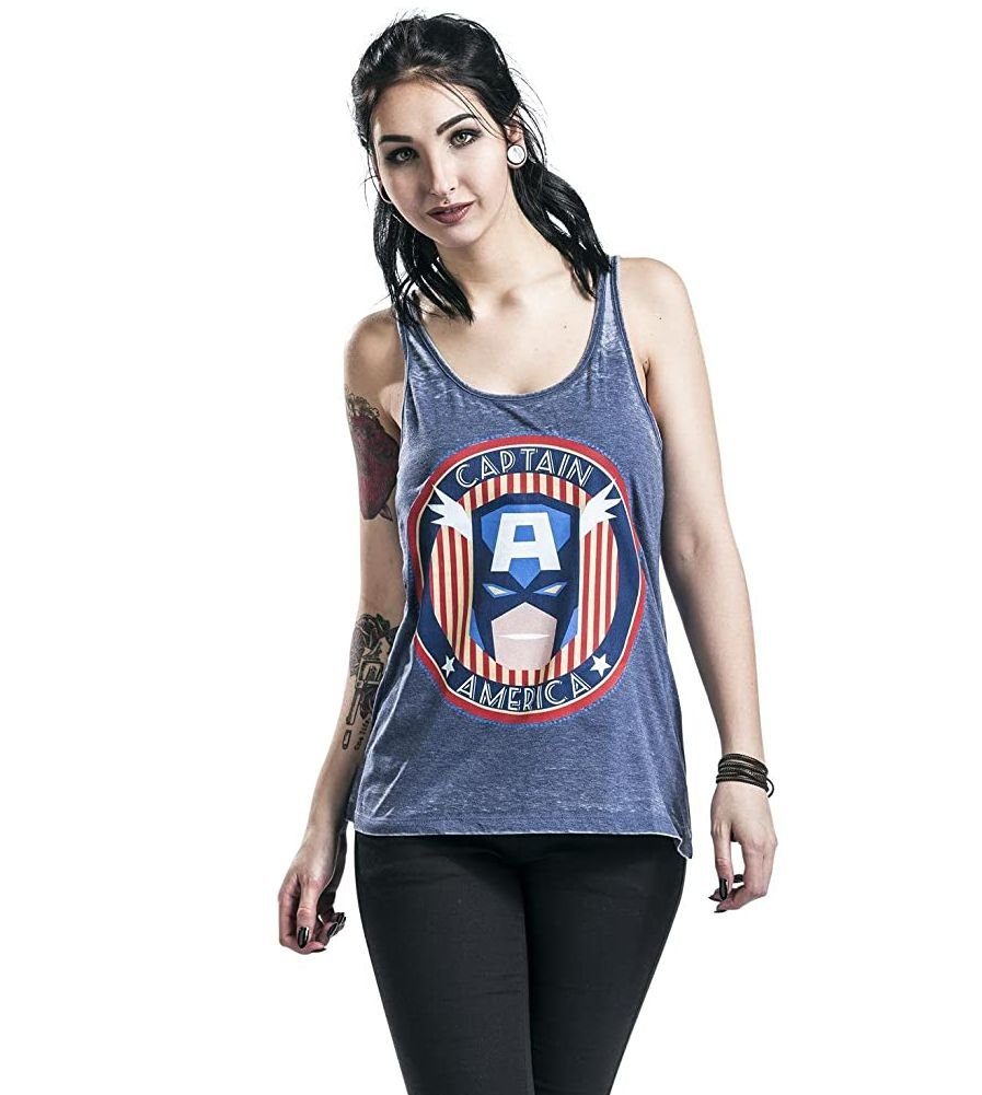 MARVEL Tanktop Captain America Vintage Washed Girl-Top blau, Blau, Skinny  Fit Damen und Mädchen T-Shirt ohne Ärmel Gr. S M L XL