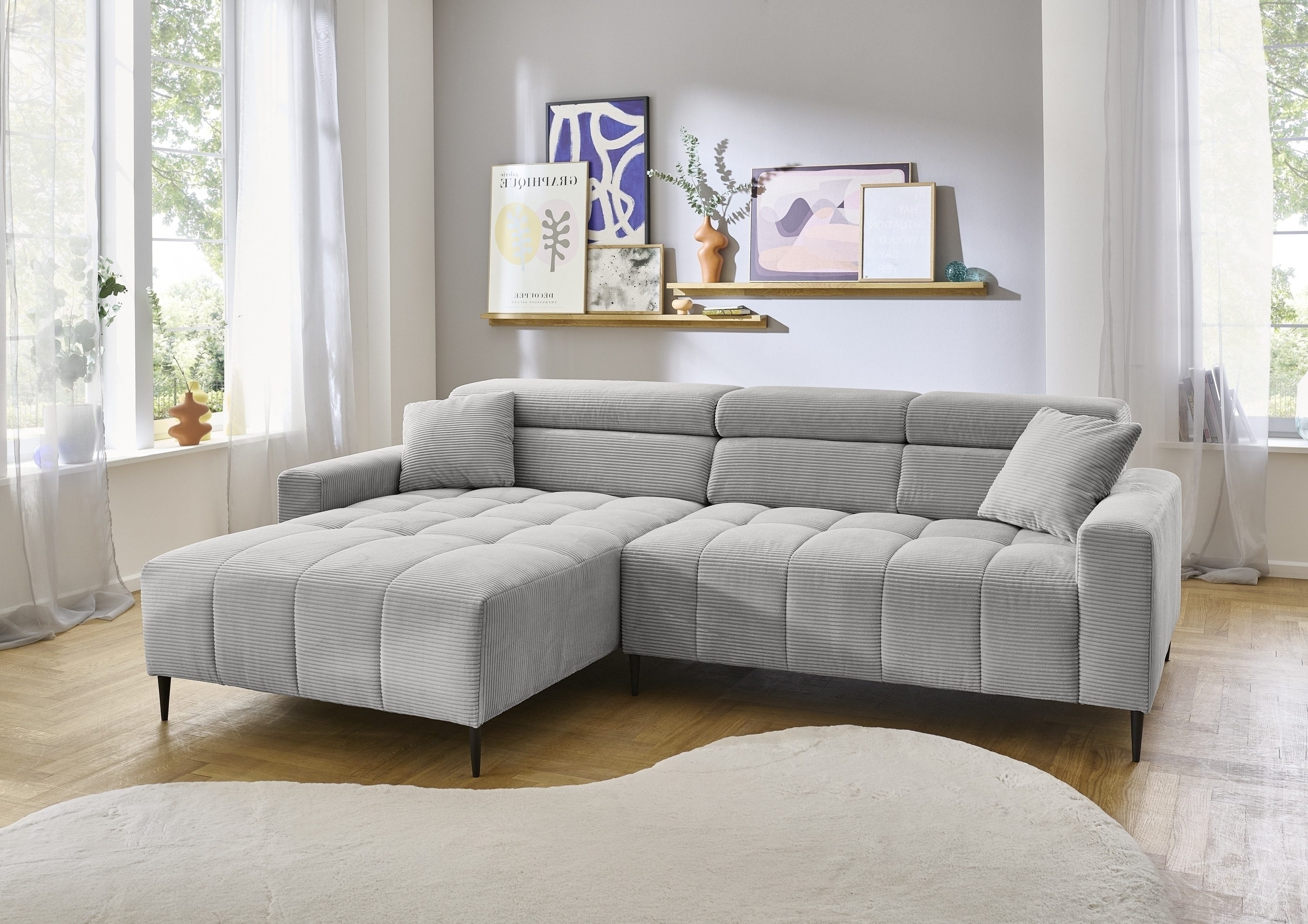 Iwaniccy Wohnlandschaft elektr. Sitztiefenverstellung, Cord silbergrau - 256x100x180cm (BxHxT)