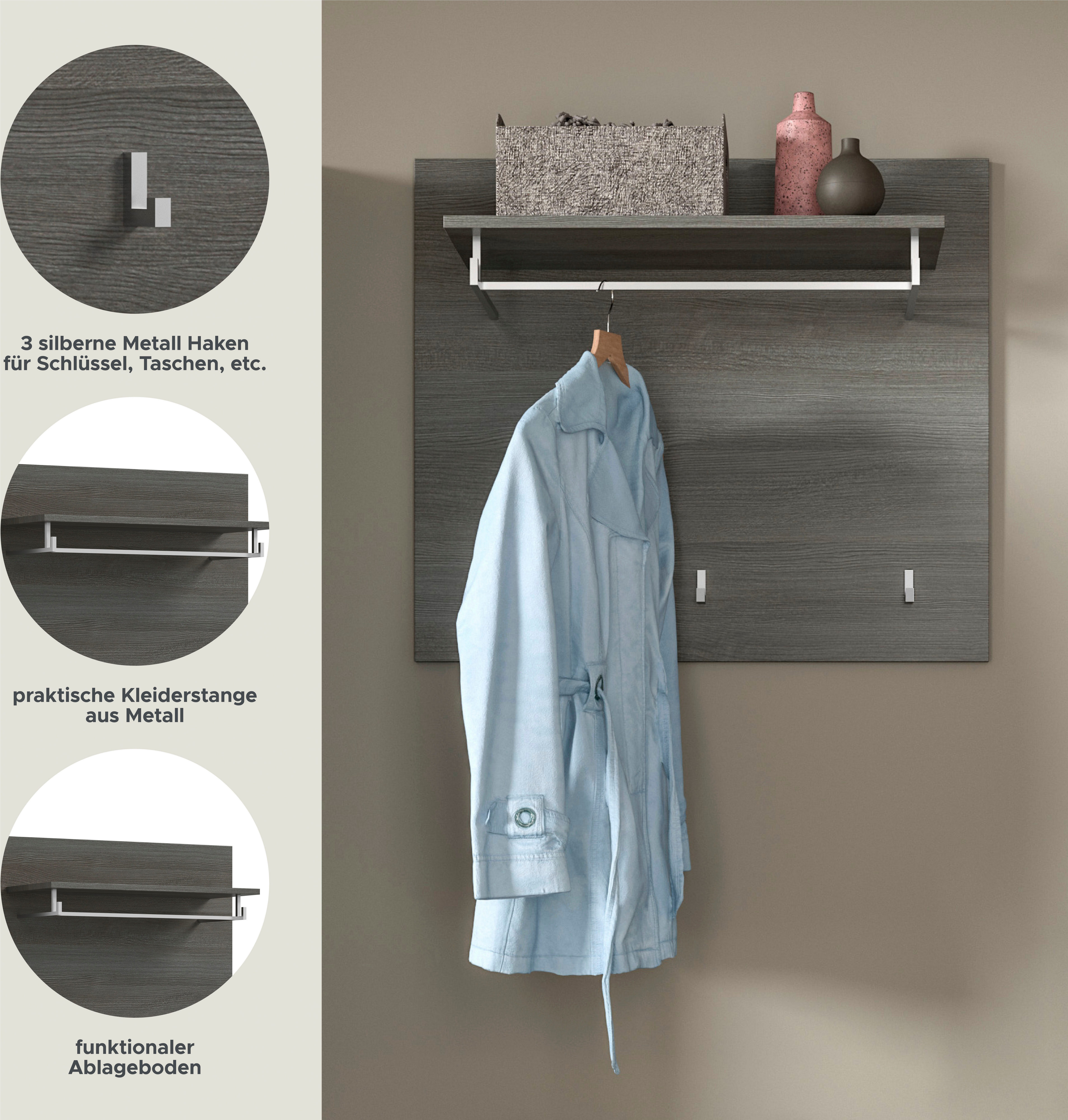 Home affaire Garderobenpaneel Rumba, Breite 80cm, 3 Haken, 1 Kleiderstange, 1 Ablageboden, Garderobe, Paneel, Wandpaneel, Flurmöbel