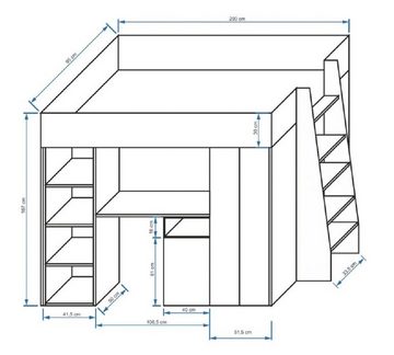 QMM TraumMöbel Hochbett PARIS 5 mit Schreibtisch Schrank Regal und Treppe Hochglanz (Bett mit Treppe, Schreibtisch, Regal)