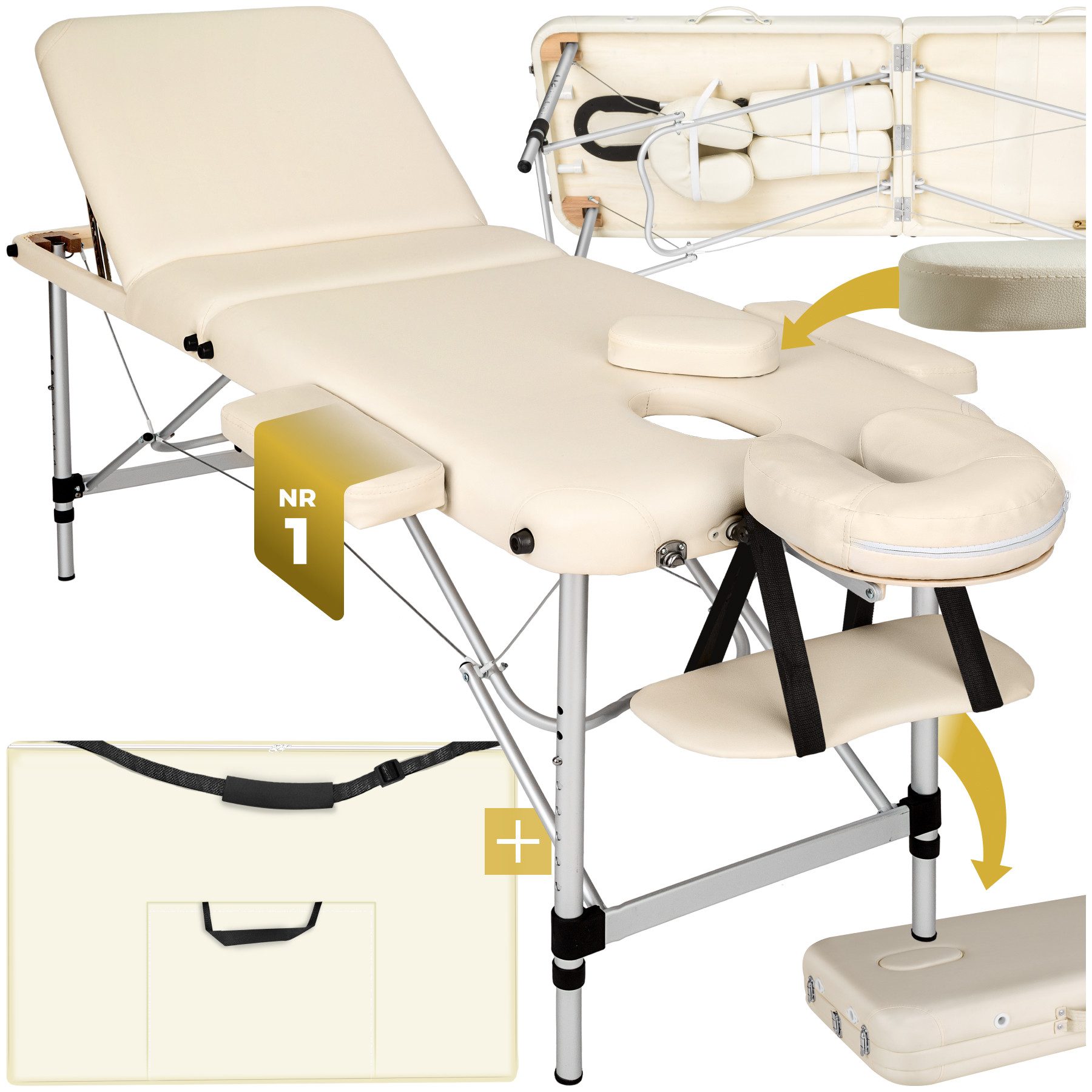 tectake Massageliege 3 Zonen Kosmetikliege mit 5cm Polsterung und Aluminiumgestell (Set, 1-St., mit Tragetasche), klappbar und höhenverstellbar, verstellbare Ablagen für Kopf und Arme