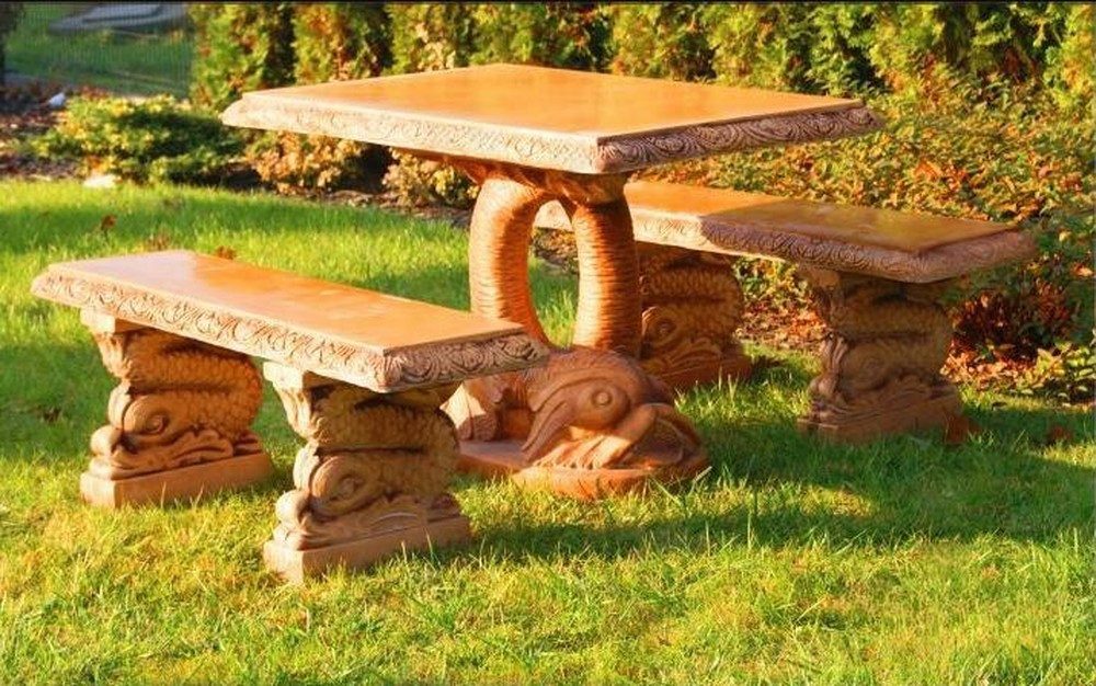 JVmoebel Gartentisch Handgefertigter Stein Tisch in Fischform, beige, frostfest (3-St), Made in Europa