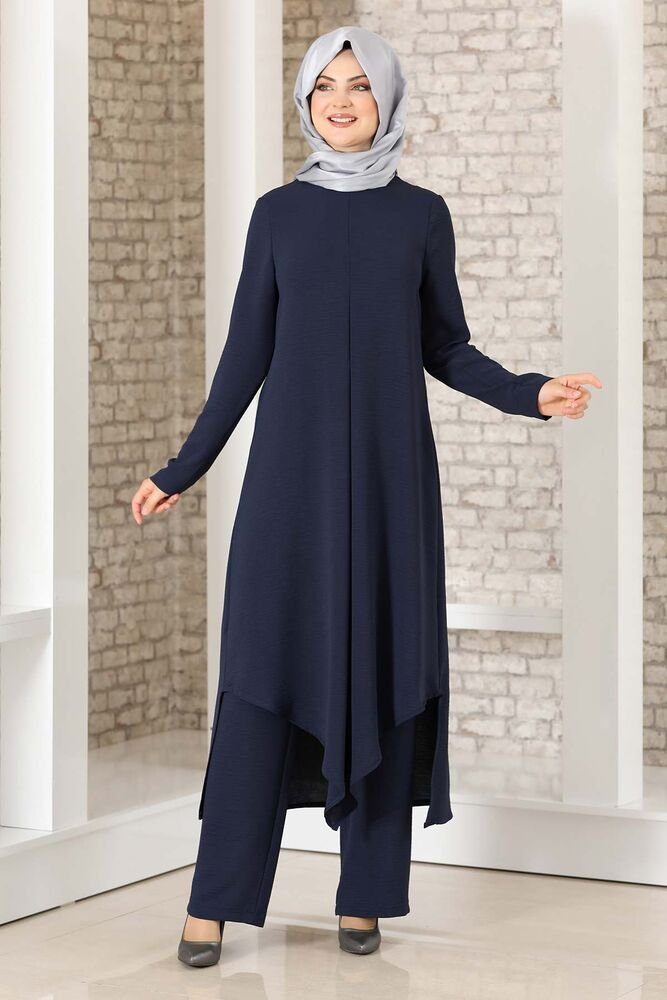 Modavitrini Longtunika Damen Anzug Hose Hijab Tunika Navy-Blau bedeckt mit Zweiteiler Kleidung lange voll