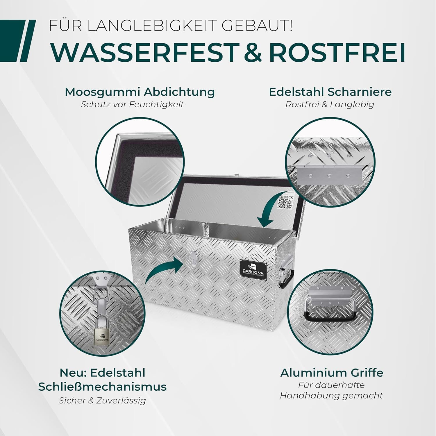 CargoVA® Anhänger-Deichselbox Wasserfeste Deichselbox – abschließbar, mit Befestigung, 50/60/70/80cm, Wasserdicht, rostfrei, abschließbar, universelle Passform