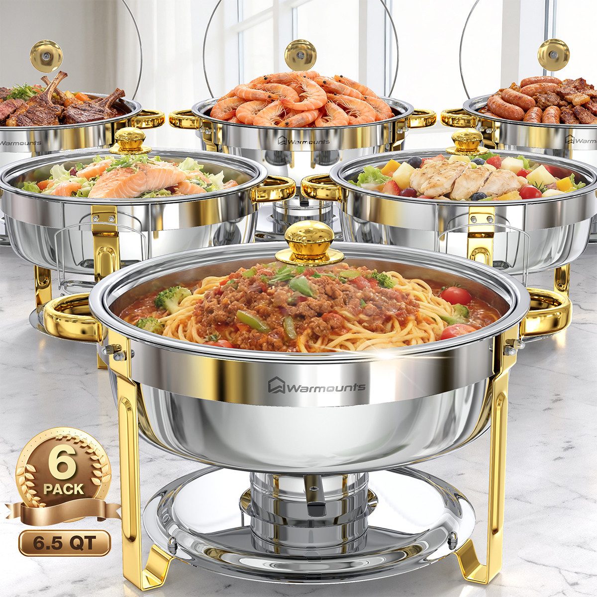 Warmounts Speisenwärmer 6,15L Chafing Dish Speisenwärmer Set, (6-tlg., Rund, 6,5 QT Edelstahl mit Deckelhalter und Glasdeckel), Buffet Warmhalter-Set für Catering, Partys, Abendessen