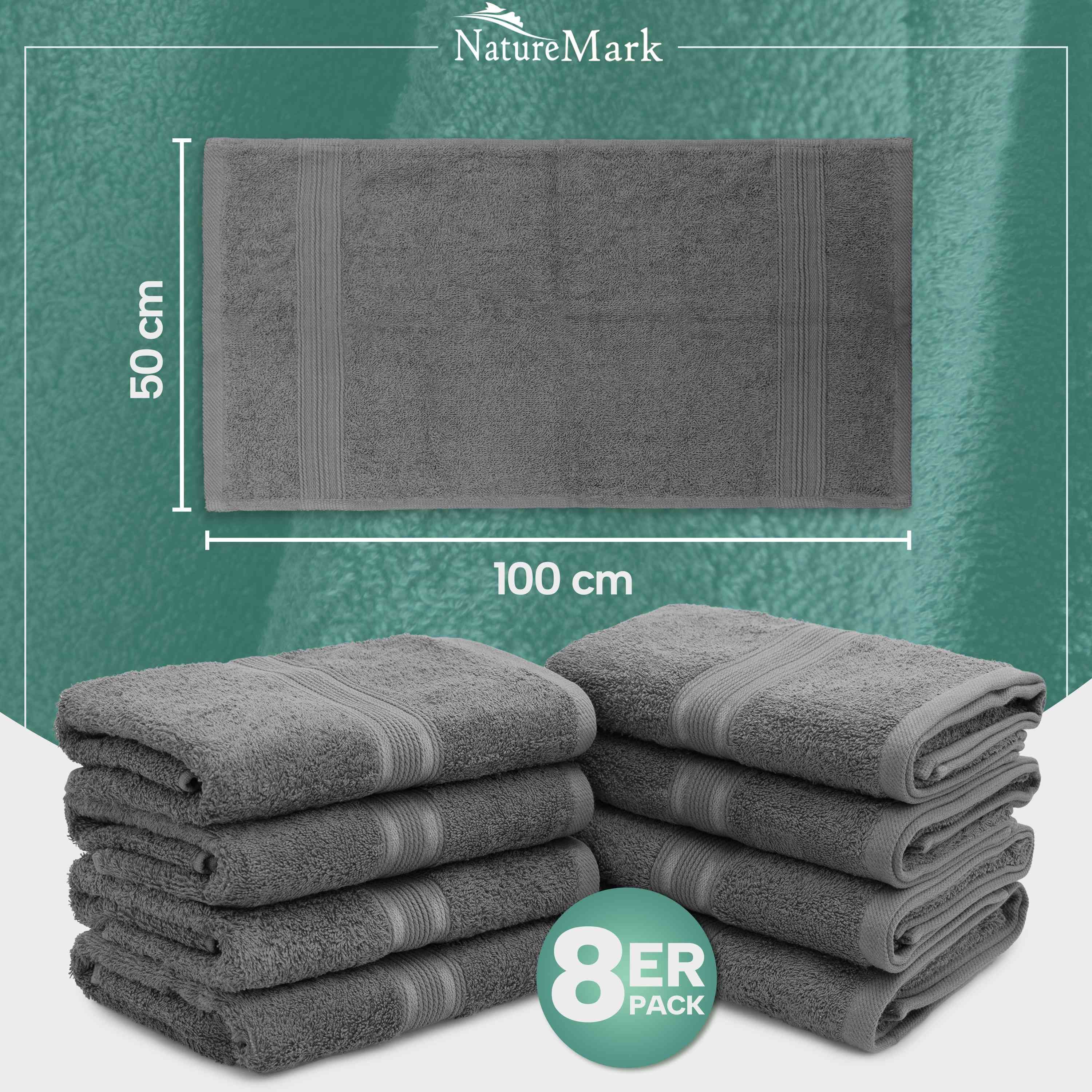 NatureMark Handtücher 8er-Set Frottier Handtücher 50x100cm, 100% Baumwolle (8-St), 8X Frottier Handtücher mit Aufhänger, 50 x 100cm, Anthrazit grau – Bild 4 von 5