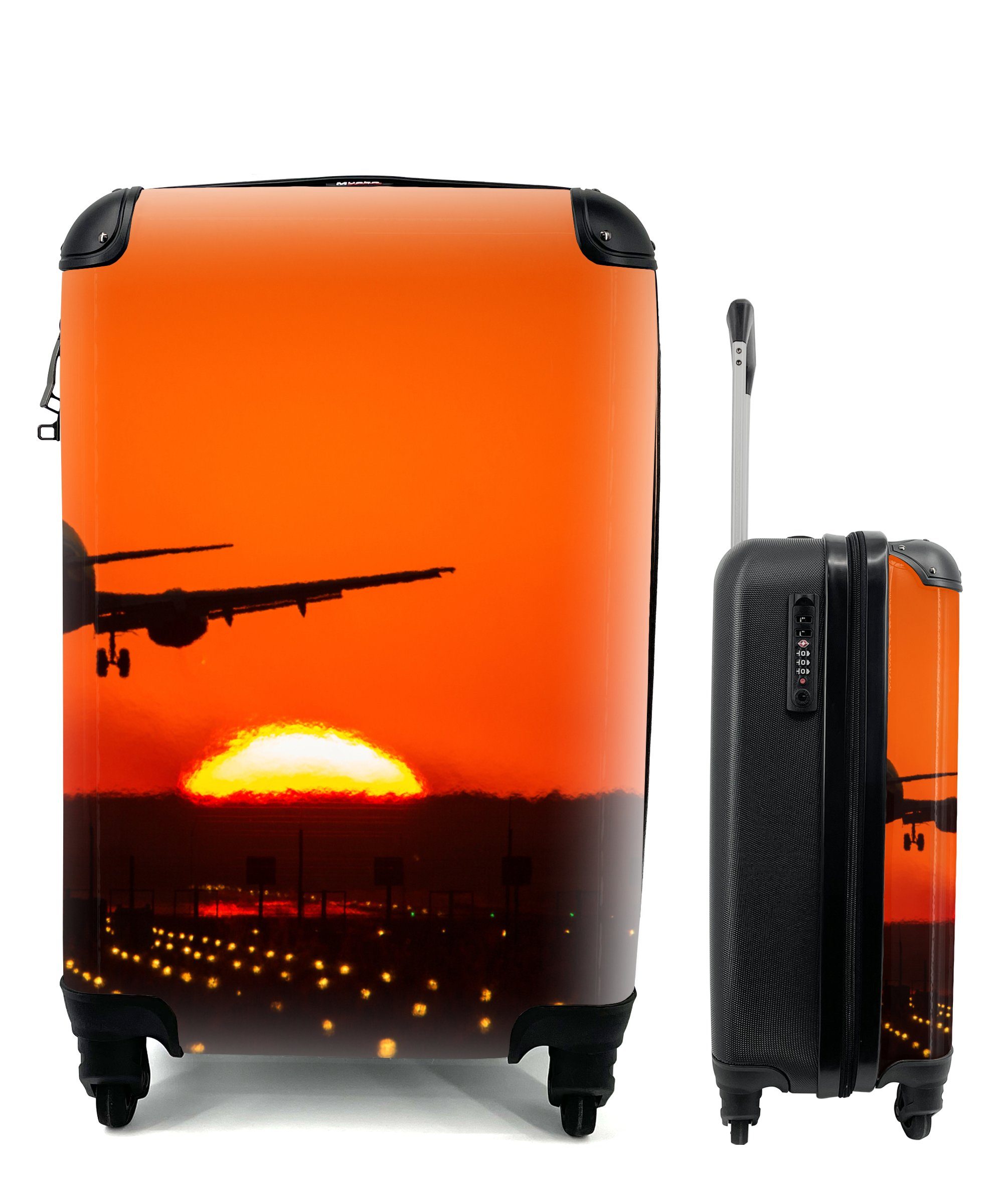 MuchoWow Handgepäckkoffer Sonnenuntergang - Flugzeug - Orange - Sonne, 4 Rollen, Reisetasche mit rollen, Handgepäck für Ferien, Trolley, Reisekoffer