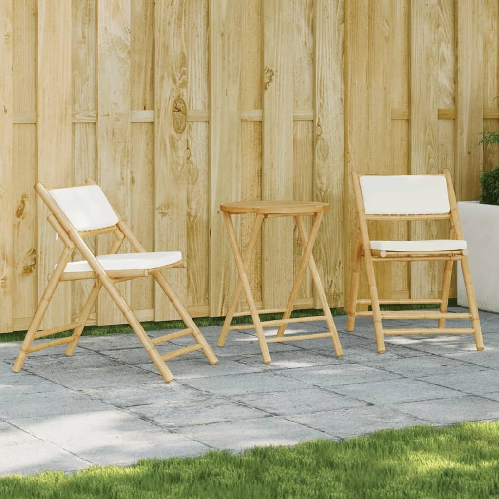 vidaXL Gartenlounge-Set 3-tlg. Bistro-Set Klappbar mit Cremeweißen Kissen Bambus, (1-tlg)