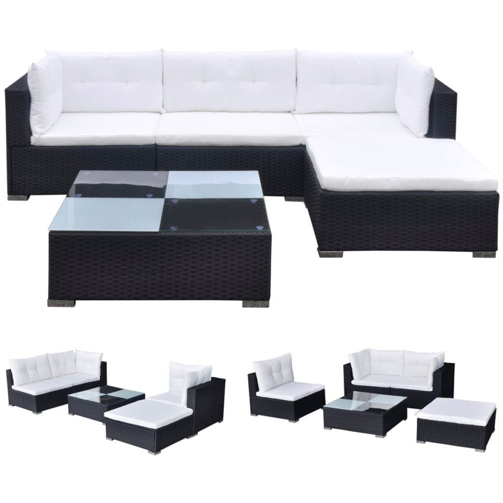 vidaXL Gartenlounge-Set 5-tlg. Garten-Lounge-Set mit Kissen Poly Rattan Schwarz, (5-tlg)